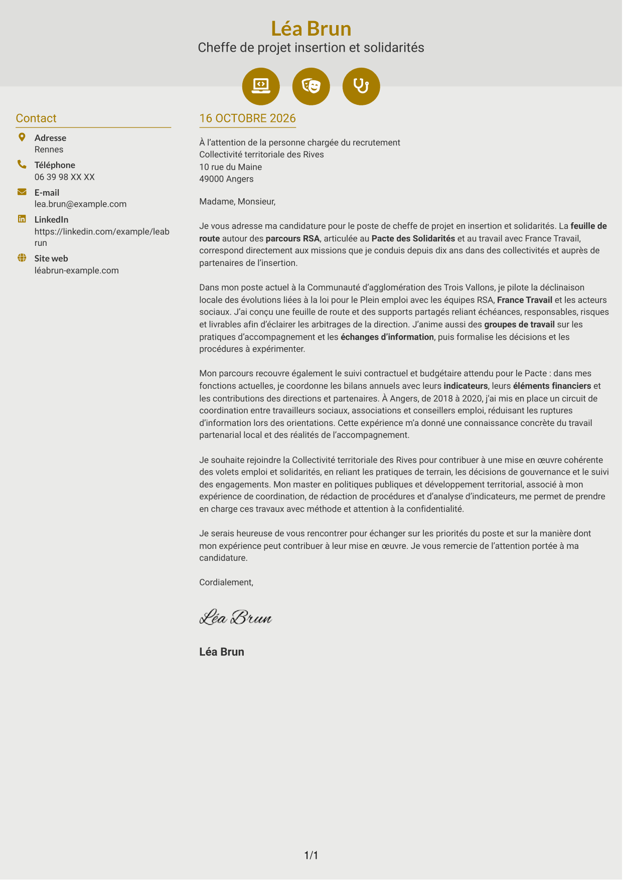 Lettre de motivation Dynamique (format à deux colonnes avec icônes) : Chef de projet - Insertion et solidarités, page 1