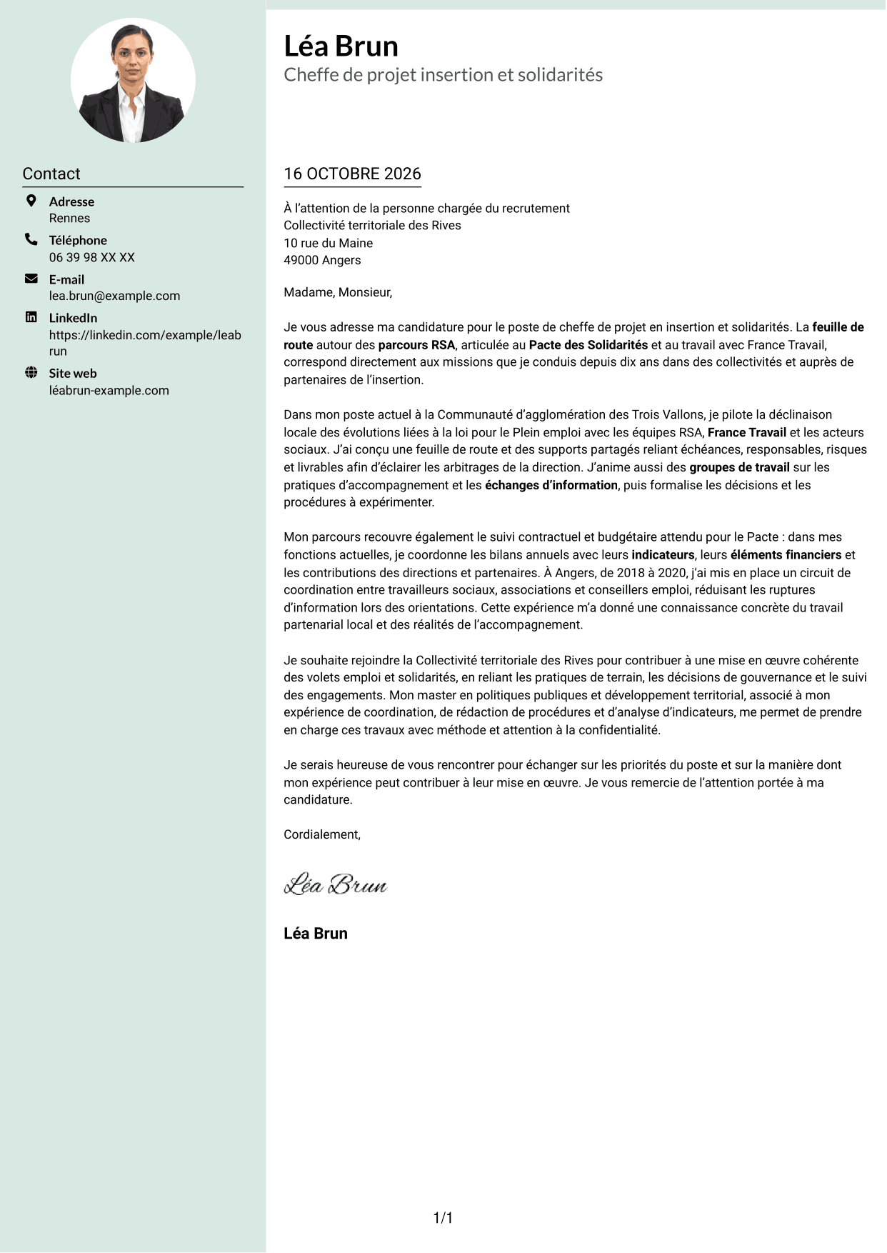 Lettre de motivation Cadre (format à colonne latérale douce avec photo arrondie) : Chef de projet - Insertion et solidarités, page 1