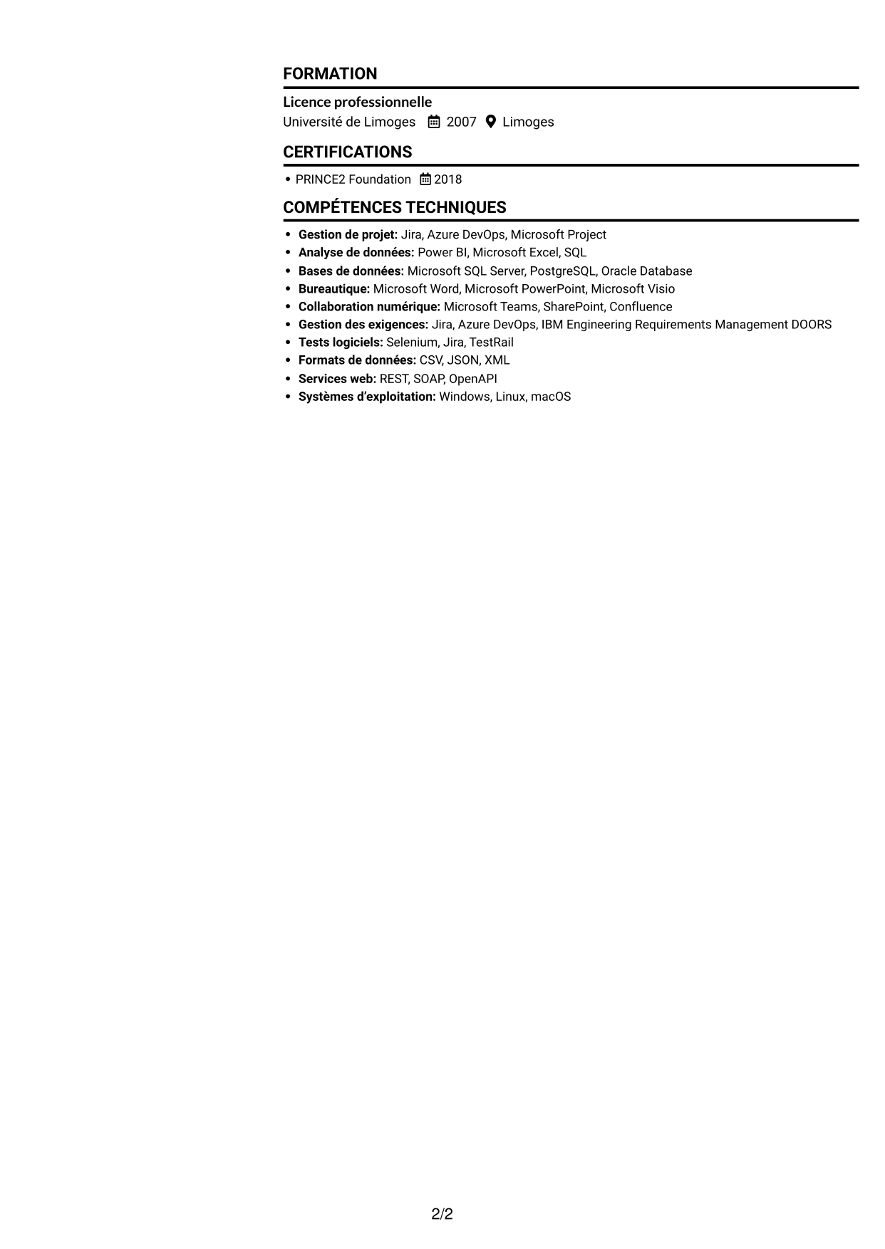 CV Compact (format sobre à deux colonnes avec photo) : Chef de projet MOA - Appui data, page 2