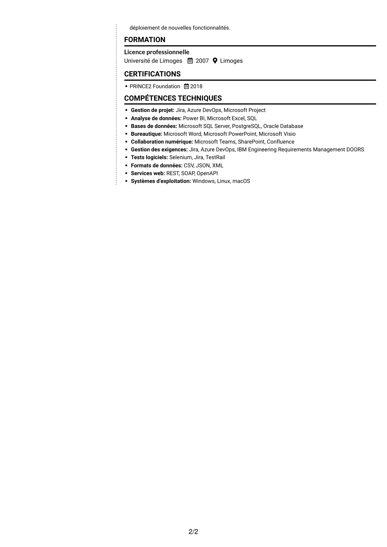 CV Moderne (format à deux colonnes avec photo à gauche et séparateur) : Chef de projet MOA - Appui data, page 2