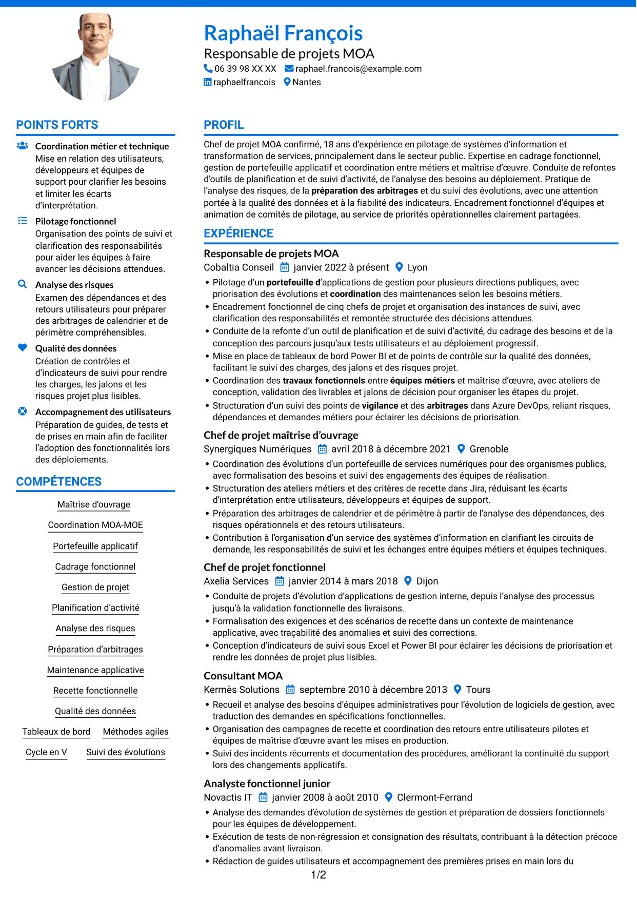 CV Audacieux (format à deux colonnes avec accents colorés et photo) : Chef de projet MOA - Appui data, page 1