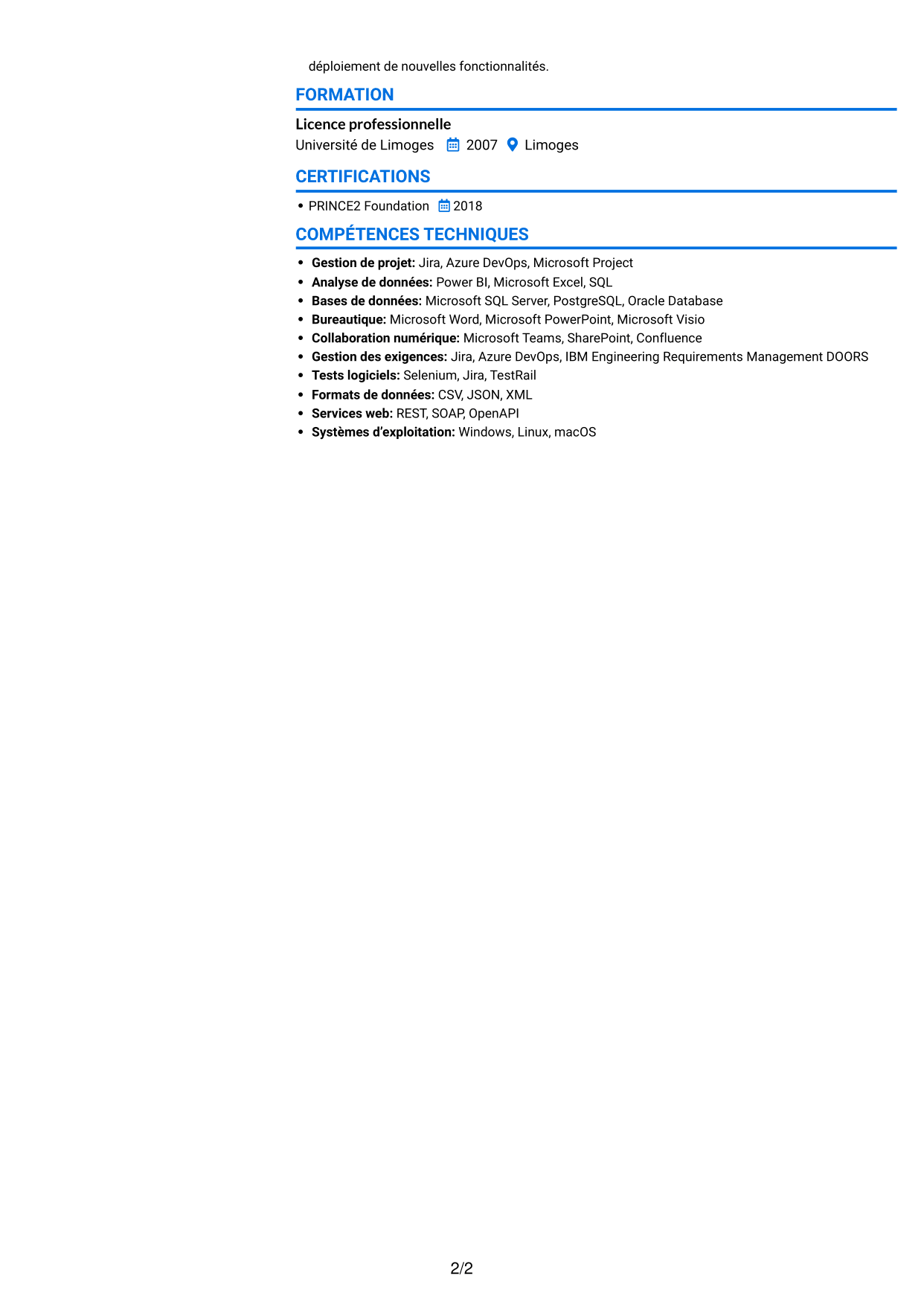 CV Audacieux (format à deux colonnes avec accents colorés et photo) : Chef de projet MOA - Appui data, page 2