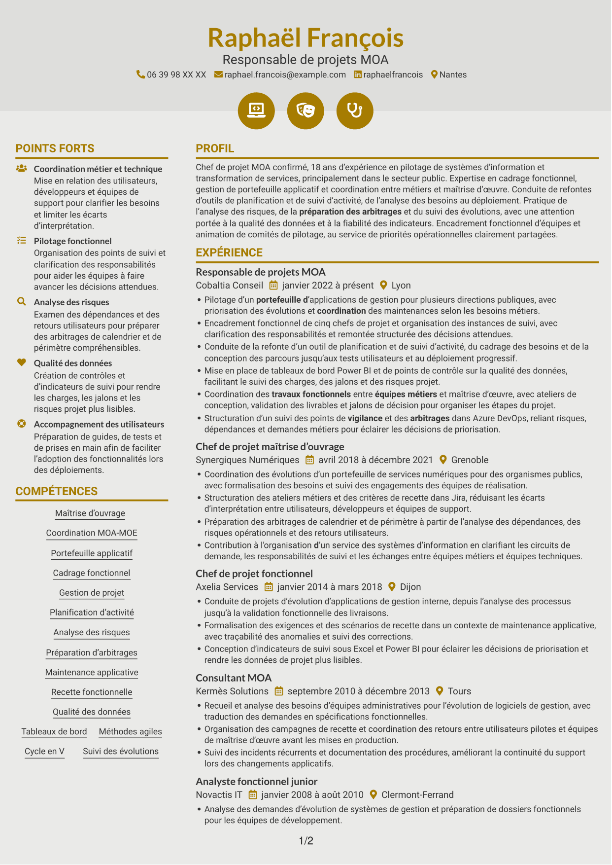 CV Dynamique (format à deux colonnes avec icônes) : Chef de projet MOA - Appui data, page 1