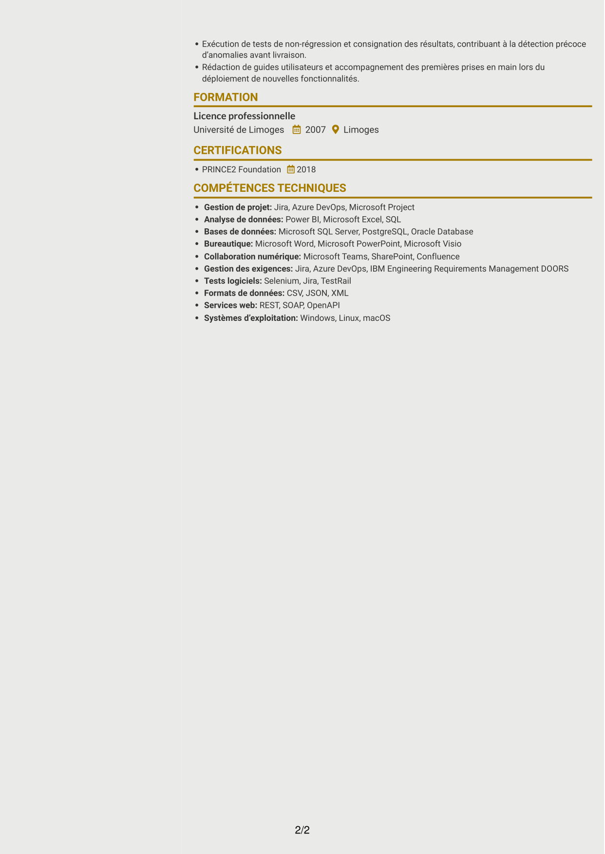 CV Dynamique (format à deux colonnes avec icônes) : Chef de projet MOA - Appui data, page 2