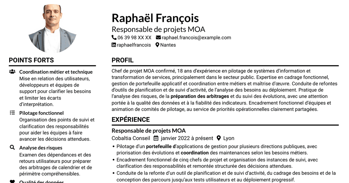 7 modèles de CV pour Chef de projet MOA - Appui data, avec exemples