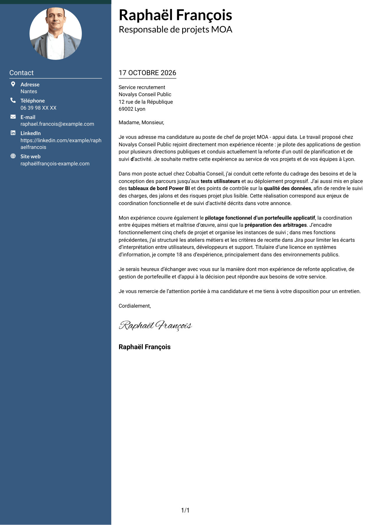Lettre de motivation Élégant (format à colonne latérale colorée avec photo) : Chef de projet MOA - Appui data, page 1