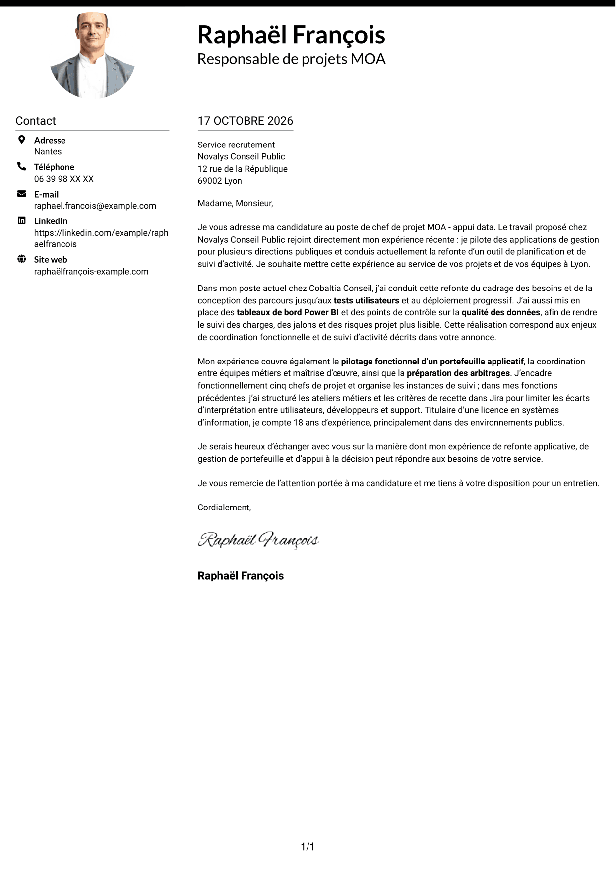 Lettre de motivation Moderne (format à deux colonnes avec photo à gauche et séparateur) : Chef de projet MOA - Appui data, page 1