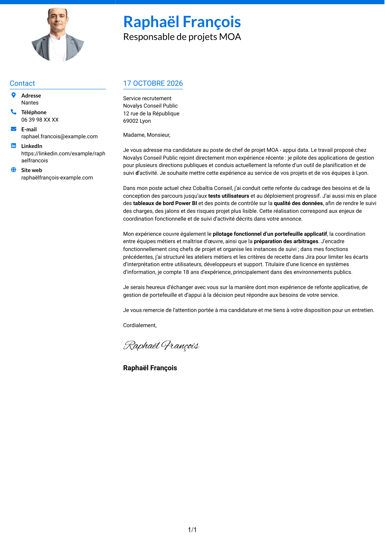 Lettre de motivation Audacieux (format à deux colonnes avec accents colorés et photo) : Chef de projet MOA - Appui data, page 1