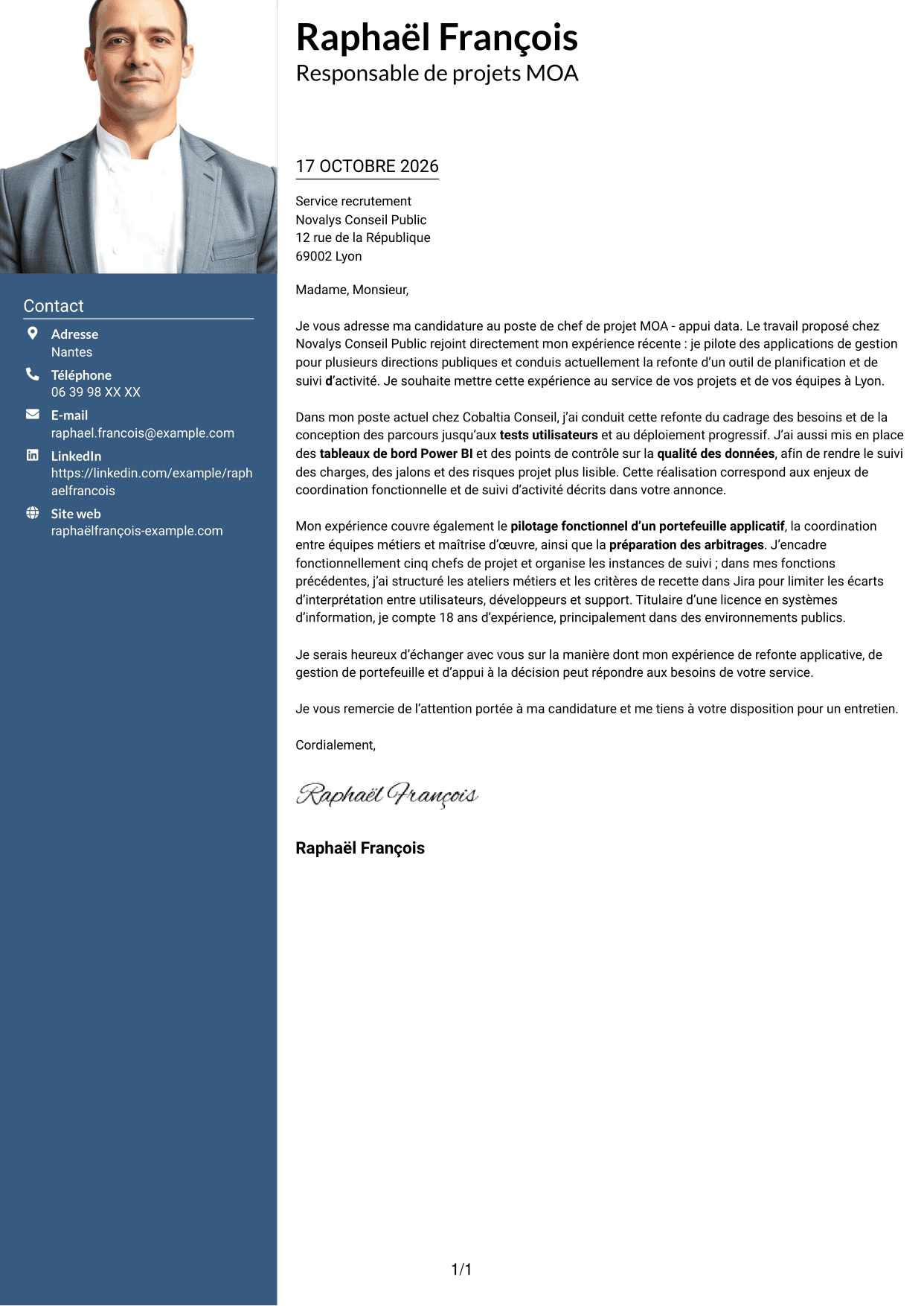 Lettre de motivation Signature (format à colonne latérale colorée avec grande photo) : Chef de projet MOA - Appui data, page 1