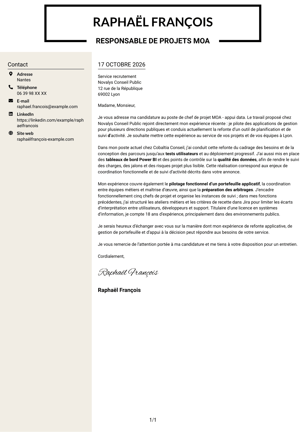 Lettre de motivation Fonceur (format à deux colonnes avec en-tête centré sans photo) : Chef de projet MOA - Appui data, page 1