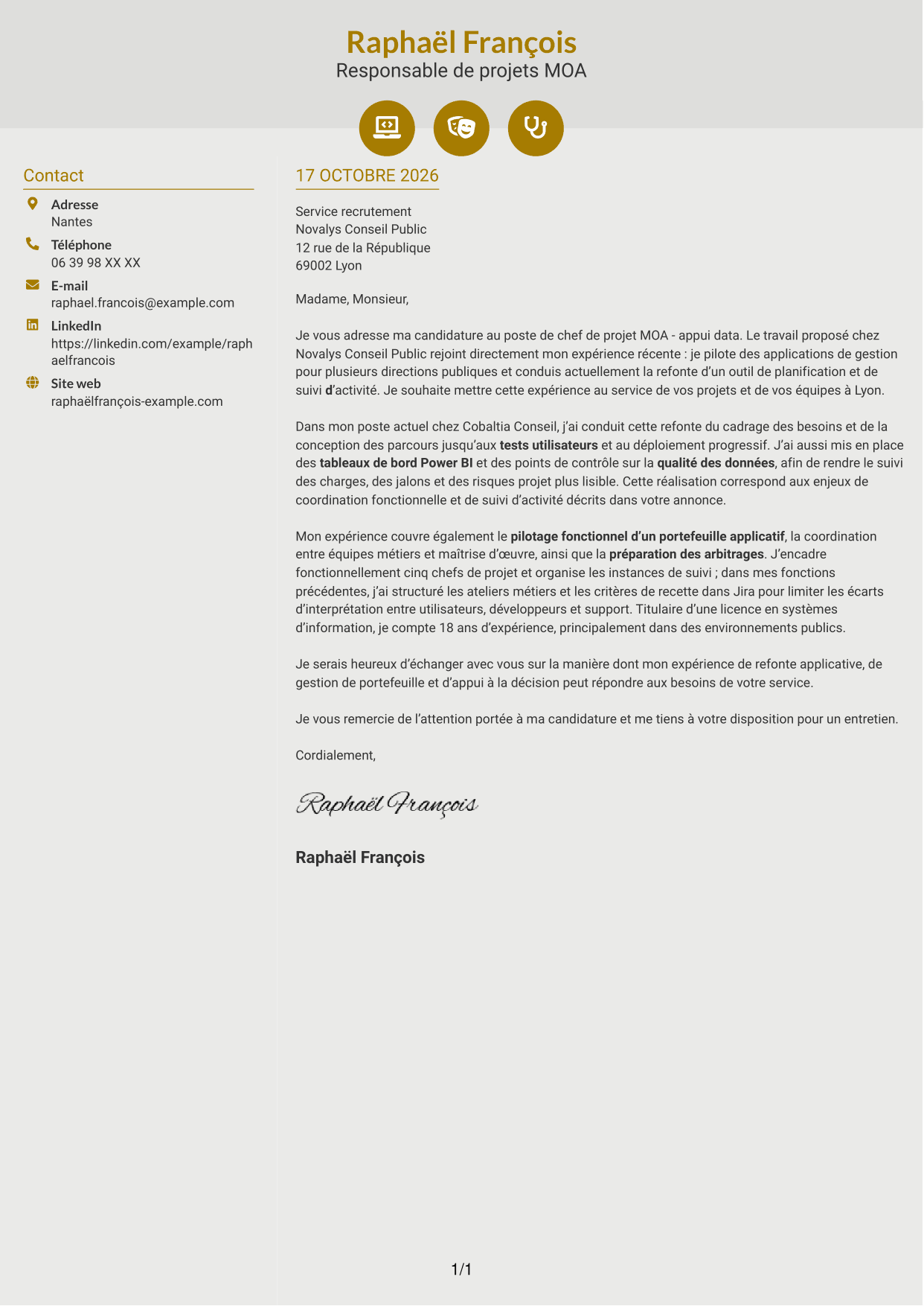 Lettre de motivation Dynamique (format à deux colonnes avec icônes) : Chef de projet MOA - Appui data, page 1