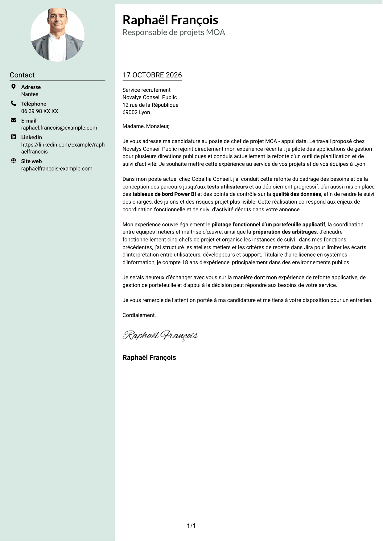 Lettre de motivation Cadre (format à colonne latérale douce avec photo arrondie) : Chef de projet MOA - Appui data, page 1