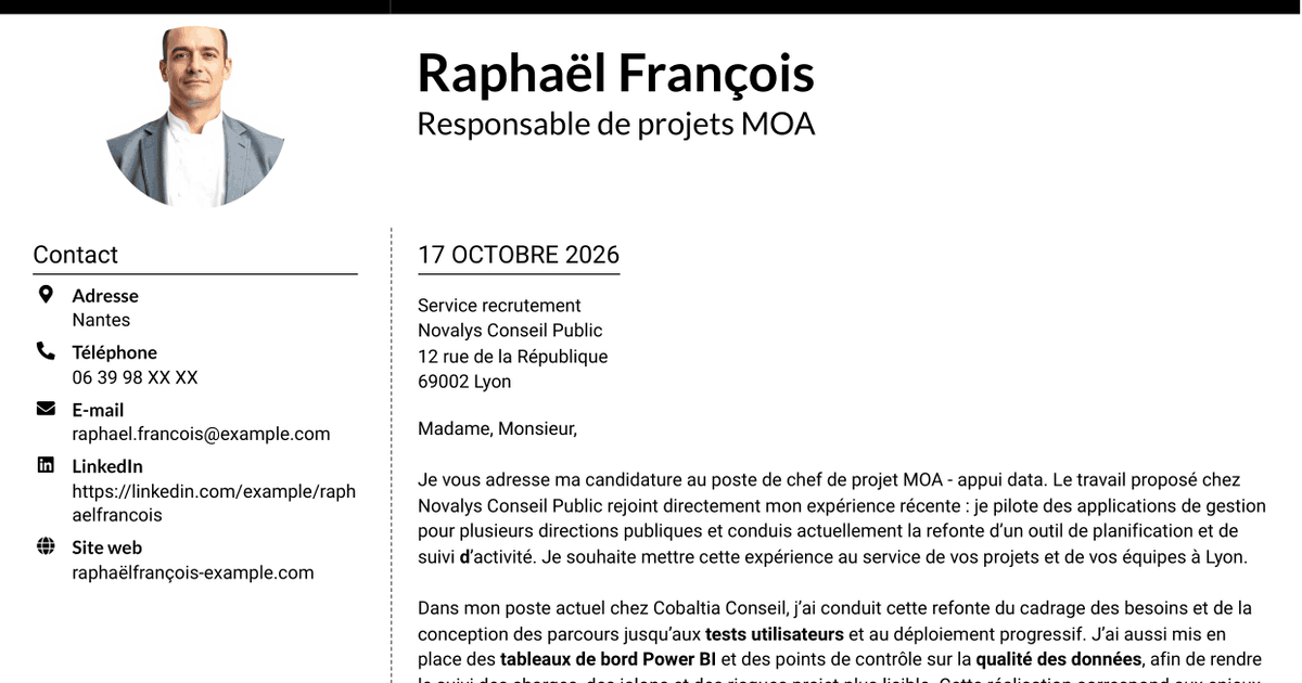 7 modèles de lettre de motivation pour Chef de projet MOA - Appui data, avec exemples
