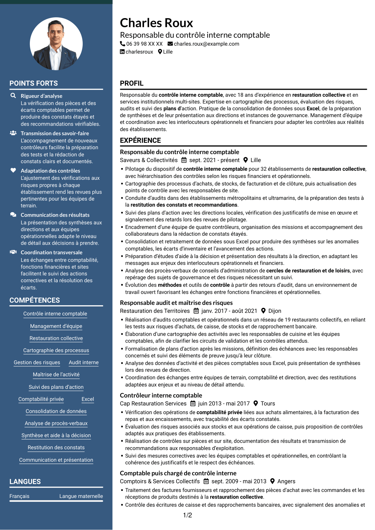 CV Élégant (format à colonne latérale colorée avec photo) : Chef de section contrôle interne comptable - Restauration collective, page 1