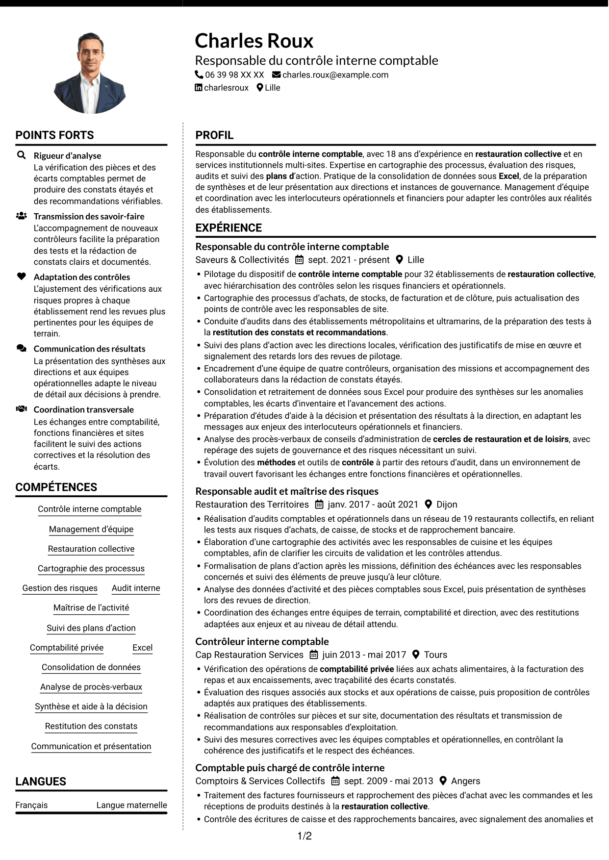 CV Moderne (format à deux colonnes avec photo à gauche et séparateur) : Chef de section contrôle interne comptable - Restauration collective, page 1