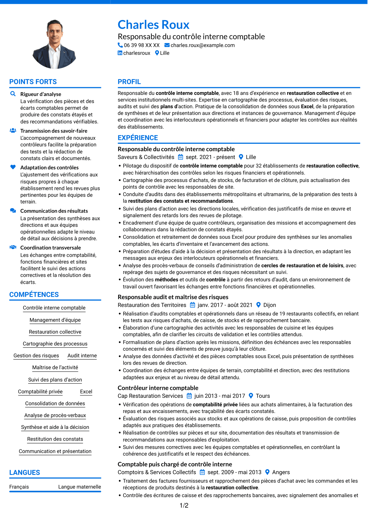 CV Audacieux (format à deux colonnes avec accents colorés et photo) : Chef de section contrôle interne comptable - Restauration collective, page 1