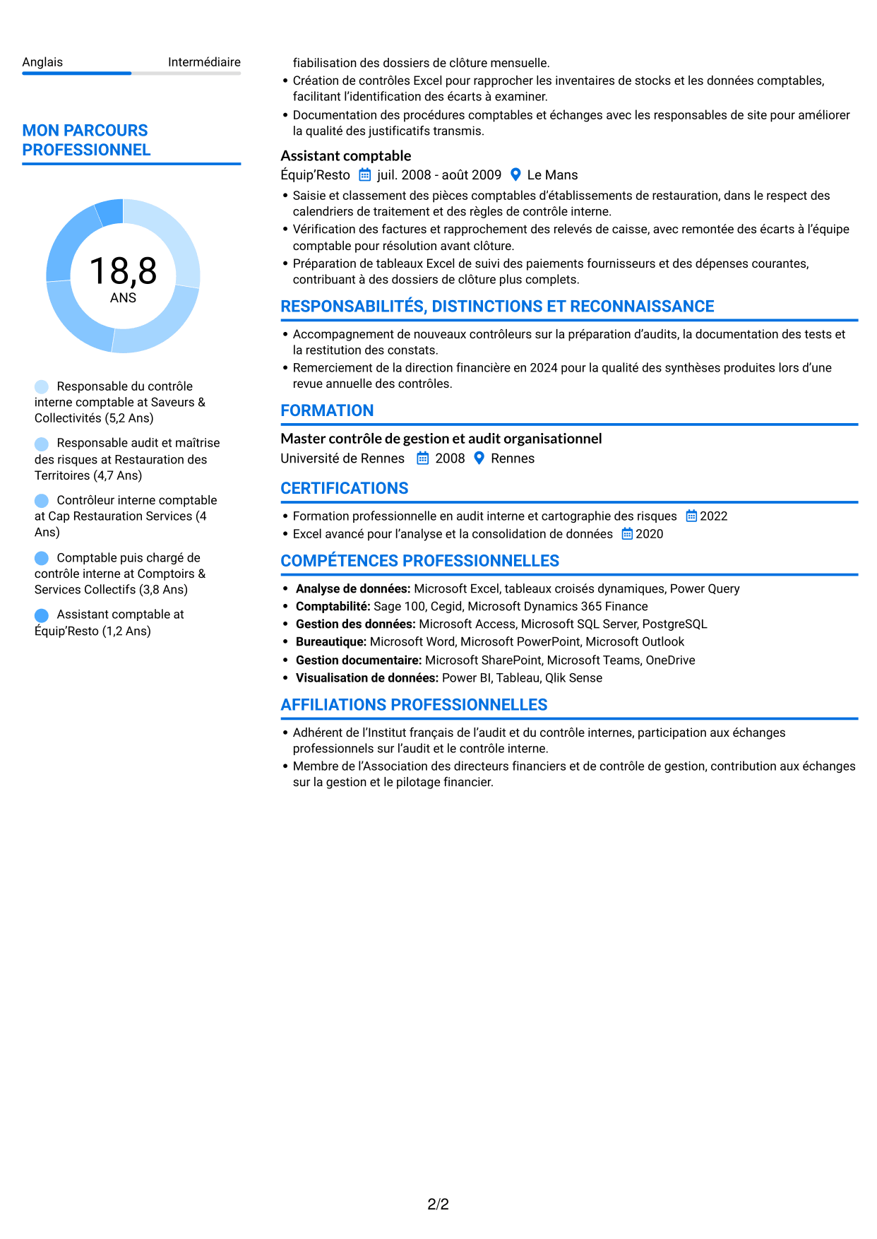 CV Audacieux (format à deux colonnes avec accents colorés et photo) : Chef de section contrôle interne comptable - Restauration collective, page 2
