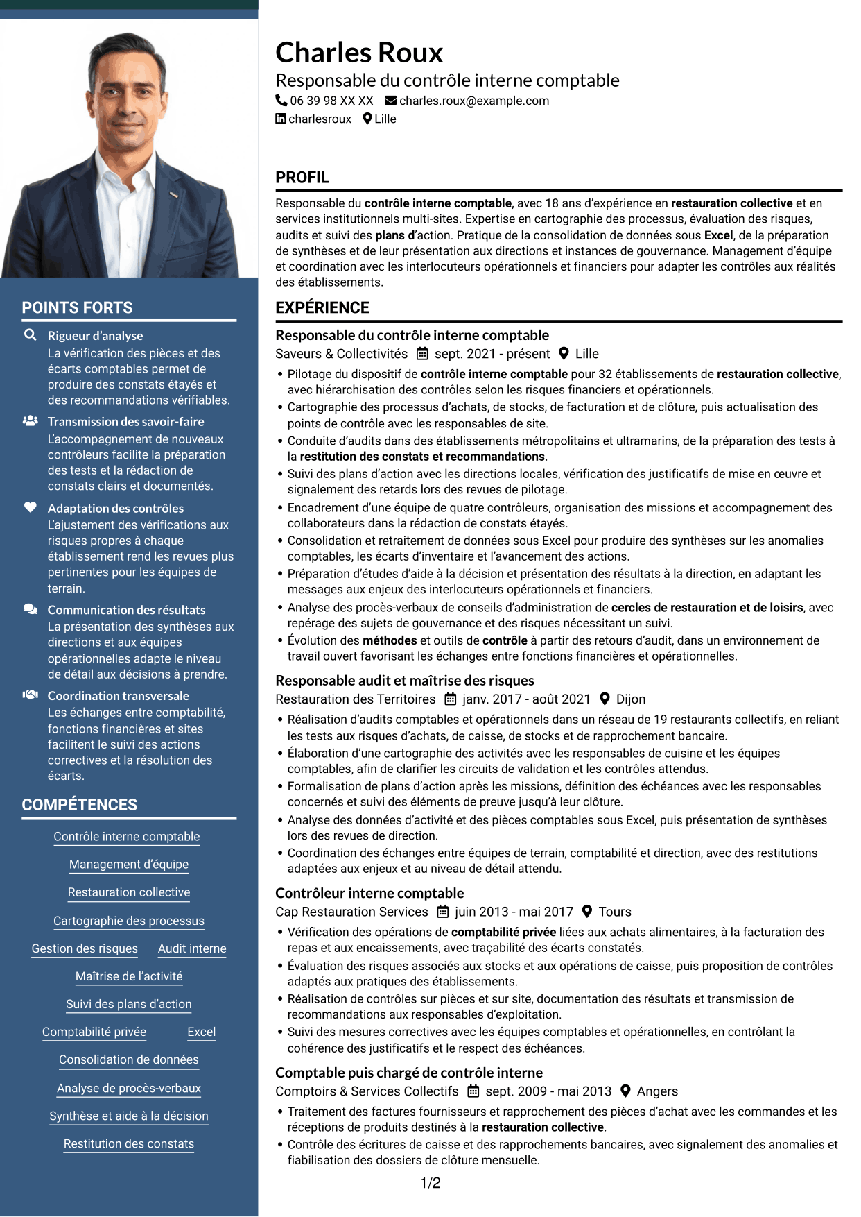 CV Signature (format à colonne latérale colorée avec grande photo) : Chef de section contrôle interne comptable - Restauration collective, page 1