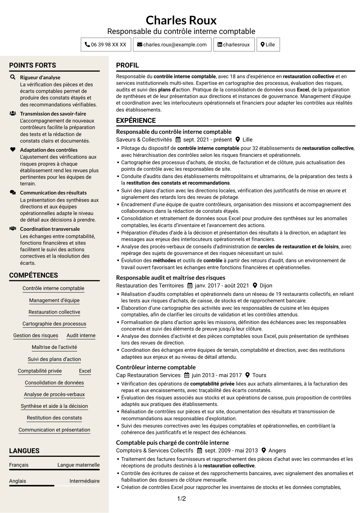 CV Fonceur (format à deux colonnes avec en-tête centré sans photo) : Chef de section contrôle interne comptable - Restauration collective, page 1