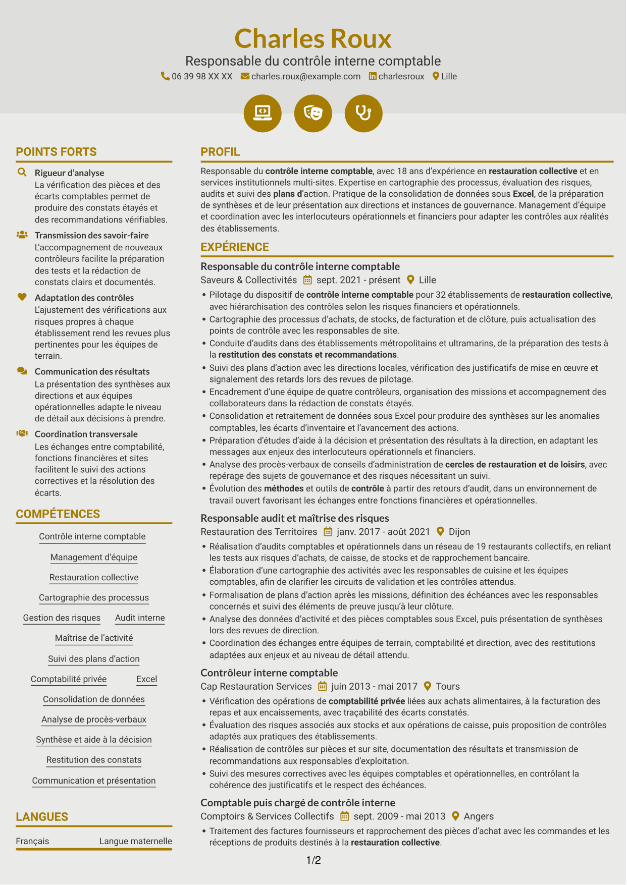 CV Dynamique (format à deux colonnes avec icônes) : Chef de section contrôle interne comptable - Restauration collective, page 1