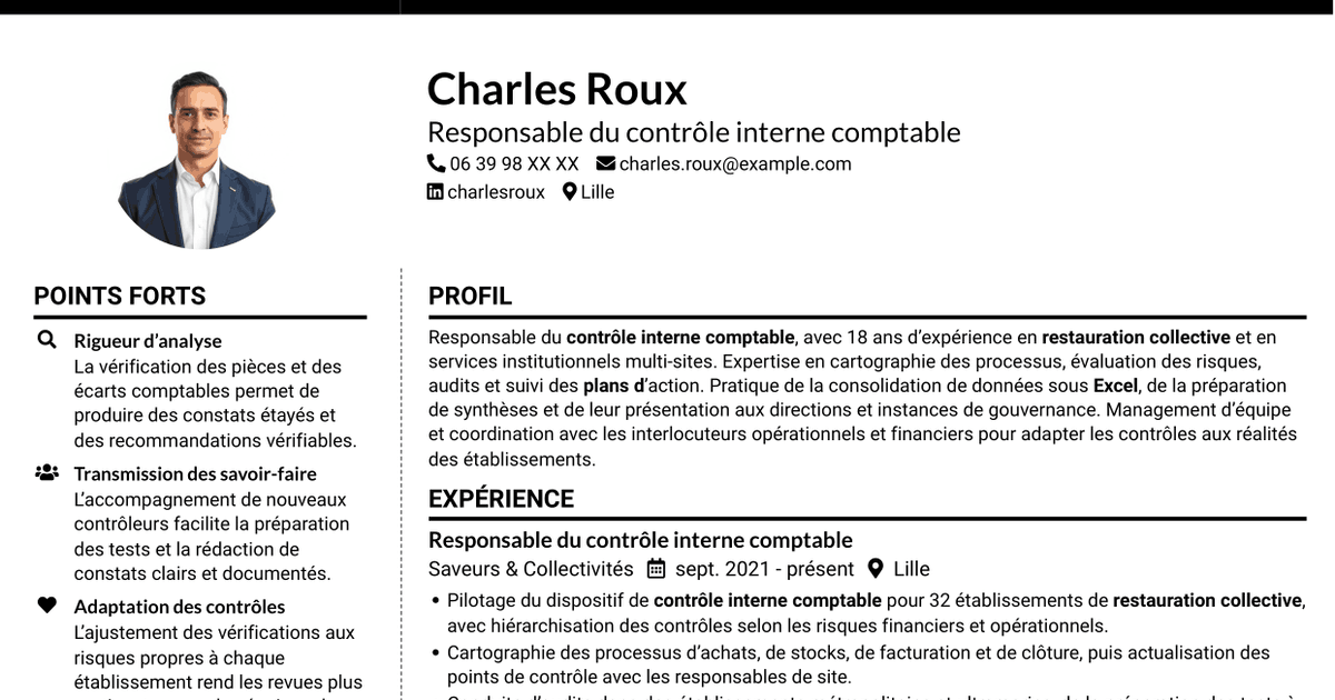 7 modèles de CV pour Chef de section contrôle interne comptable - Restauration collective, avec exemples