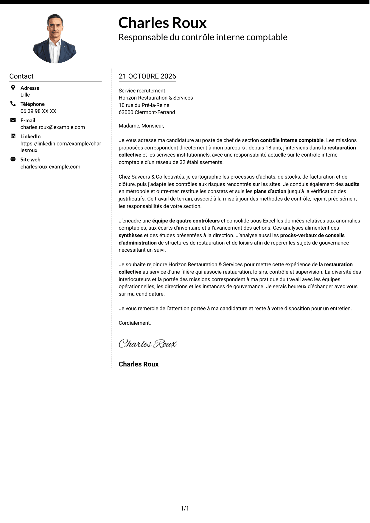 Lettre de motivation Moderne (format à deux colonnes avec photo à gauche et séparateur) : Chef de section contrôle interne comptable - Restauration collective, page 1