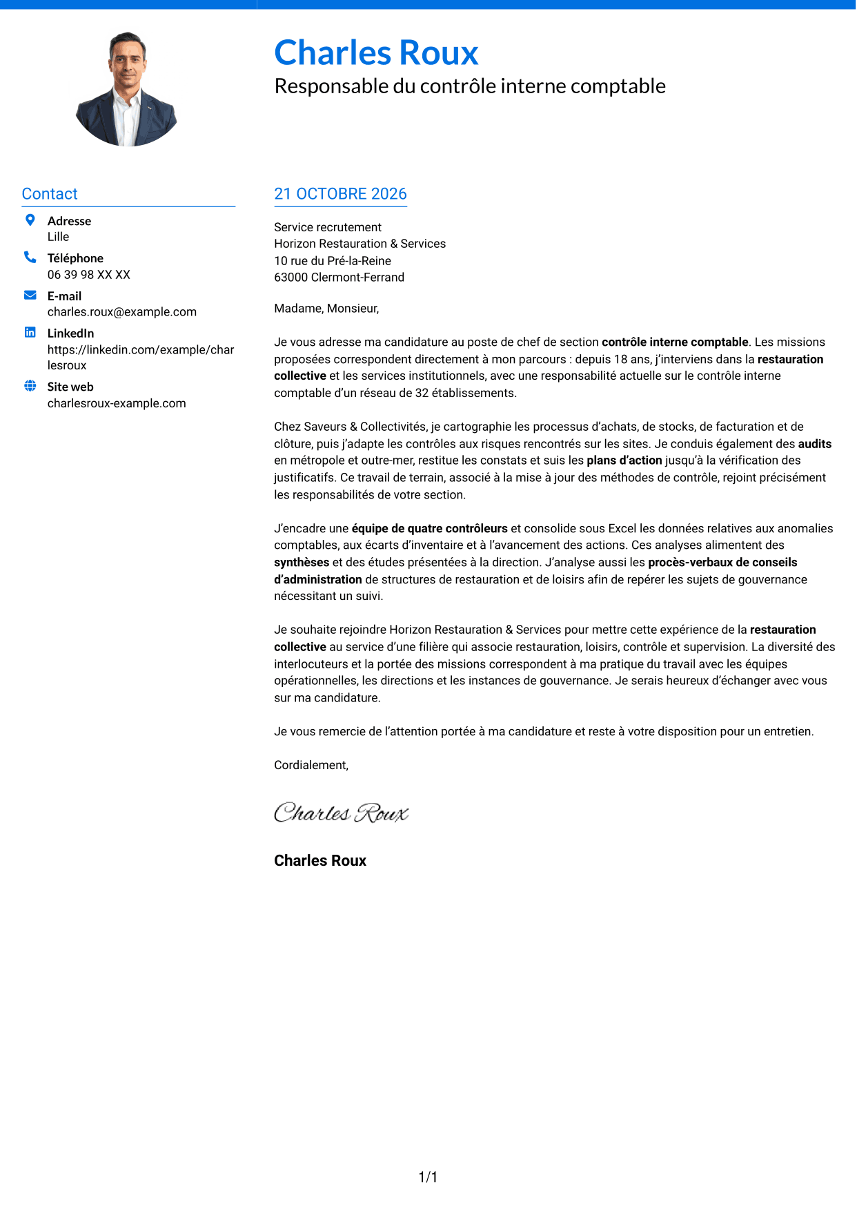 Lettre de motivation Audacieux (format à deux colonnes avec accents colorés et photo) : Chef de section contrôle interne comptable - Restauration collective, page 1