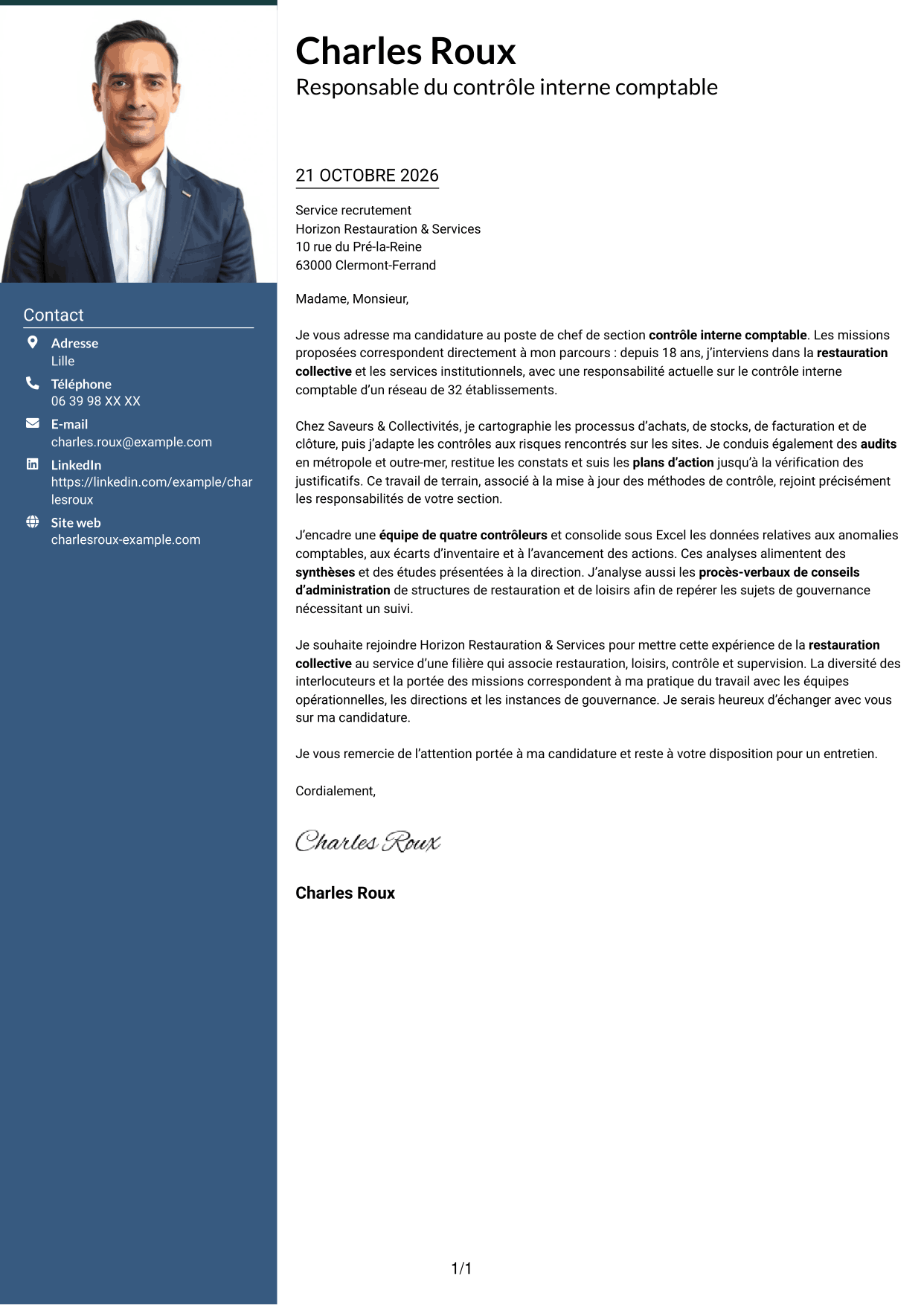 Lettre de motivation Signature (format à colonne latérale colorée avec grande photo) : Chef de section contrôle interne comptable - Restauration collective, page 1