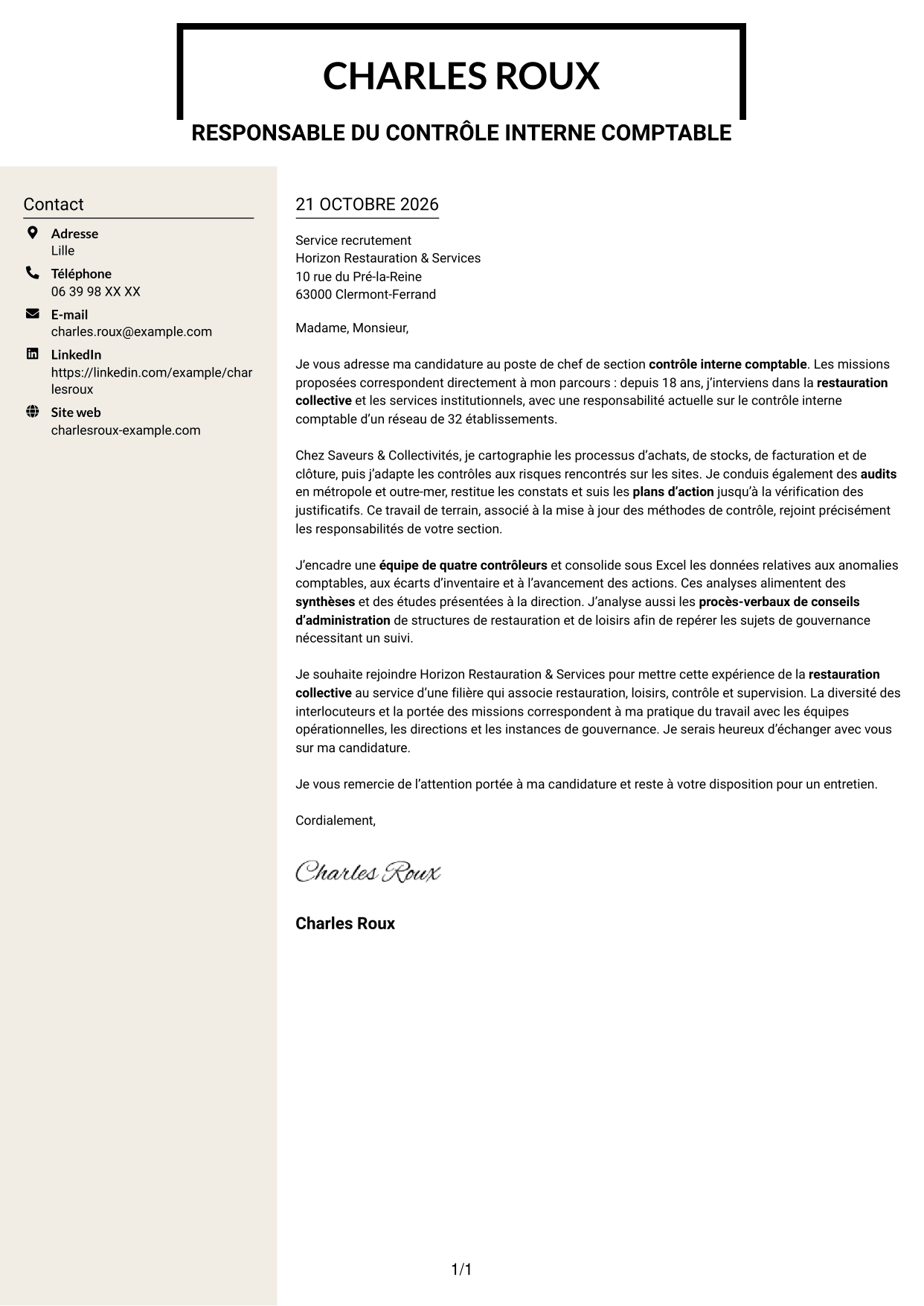 Lettre de motivation Fonceur (format à deux colonnes avec en-tête centré sans photo) : Chef de section contrôle interne comptable - Restauration collective, page 1