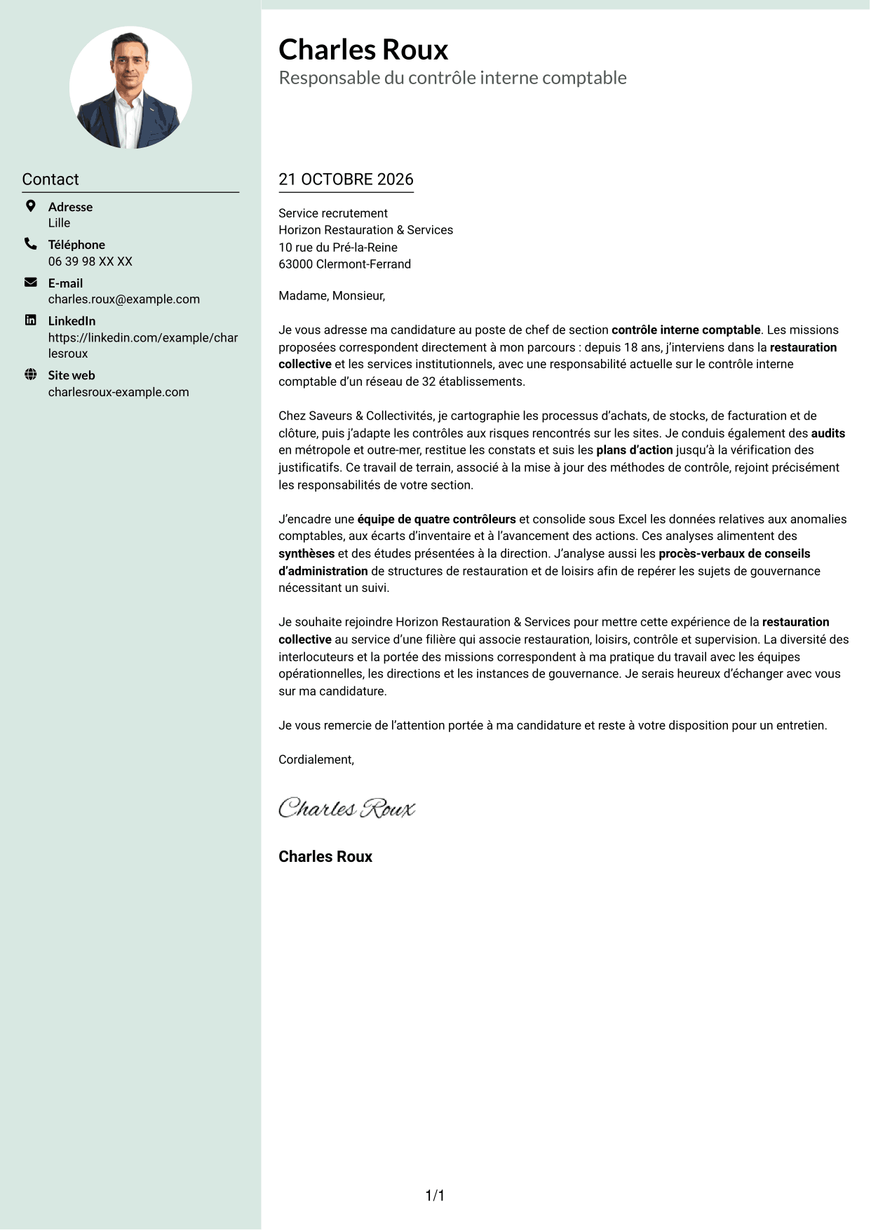Lettre de motivation Cadre (format à colonne latérale douce avec photo arrondie) : Chef de section contrôle interne comptable - Restauration collective, page 1