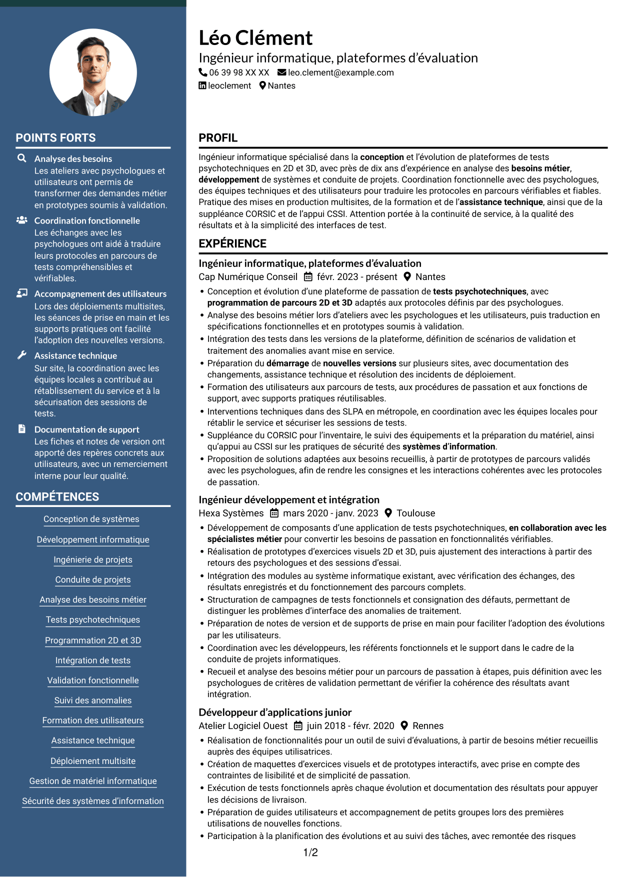 CV Élégant (format à colonne latérale colorée avec photo) : Chef de section informatique - Plateformes de tests psychotechniques, page 1