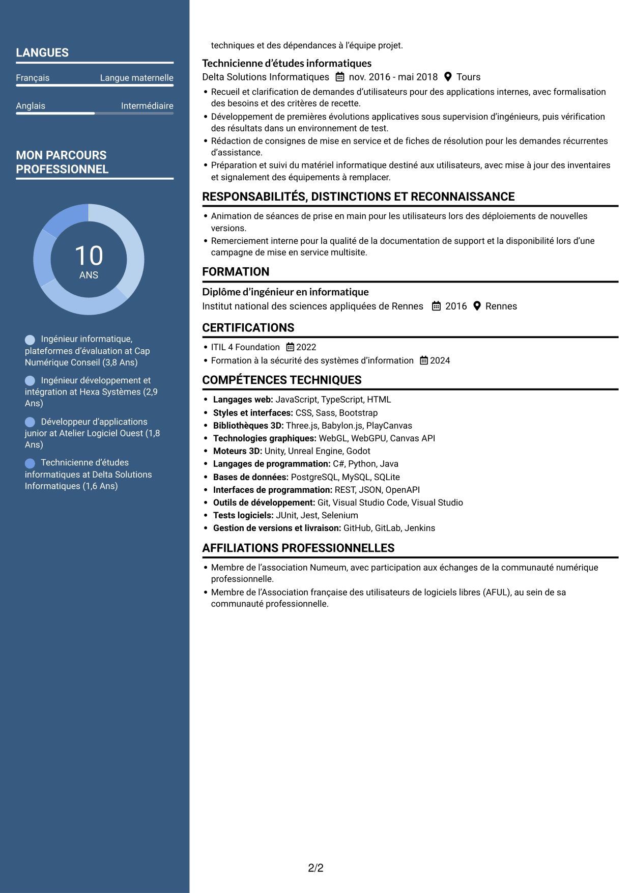 CV Élégant (format à colonne latérale colorée avec photo) : Chef de section informatique - Plateformes de tests psychotechniques, page 2