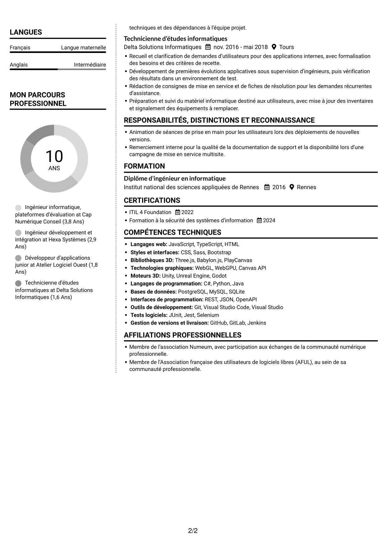 CV Moderne (format à deux colonnes avec photo à gauche et séparateur) : Chef de section informatique - Plateformes de tests psychotechniques, page 2