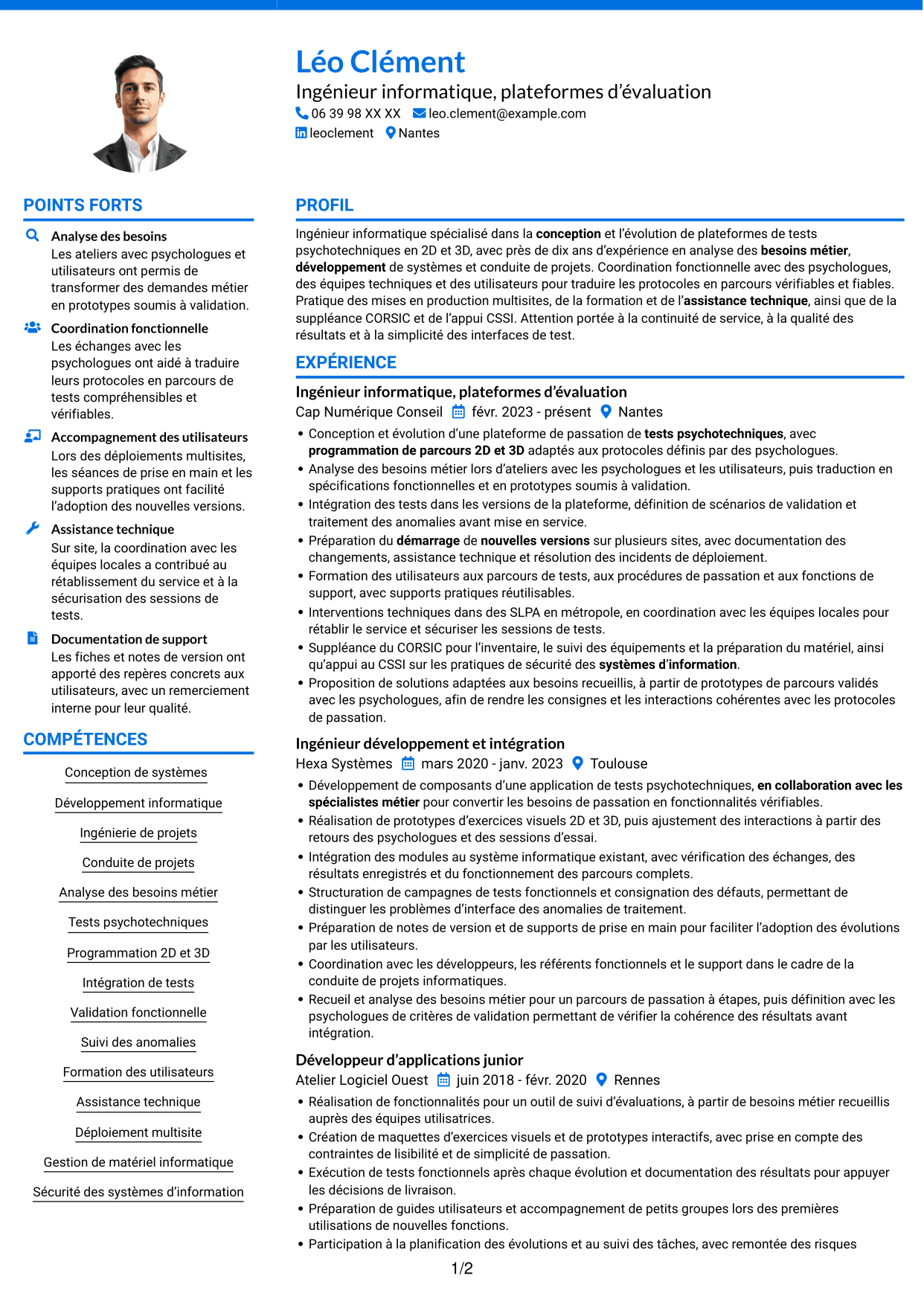 CV Audacieux (format à deux colonnes avec accents colorés et photo) : Chef de section informatique - Plateformes de tests psychotechniques, page 1