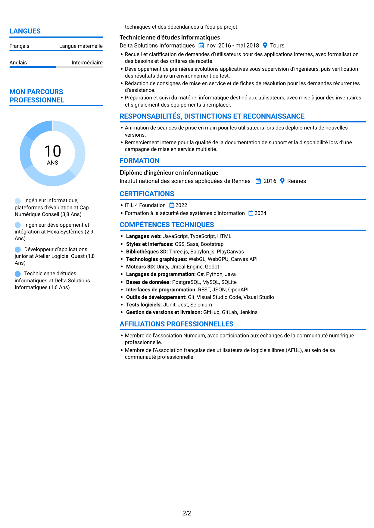 CV Audacieux (format à deux colonnes avec accents colorés et photo) : Chef de section informatique - Plateformes de tests psychotechniques, page 2