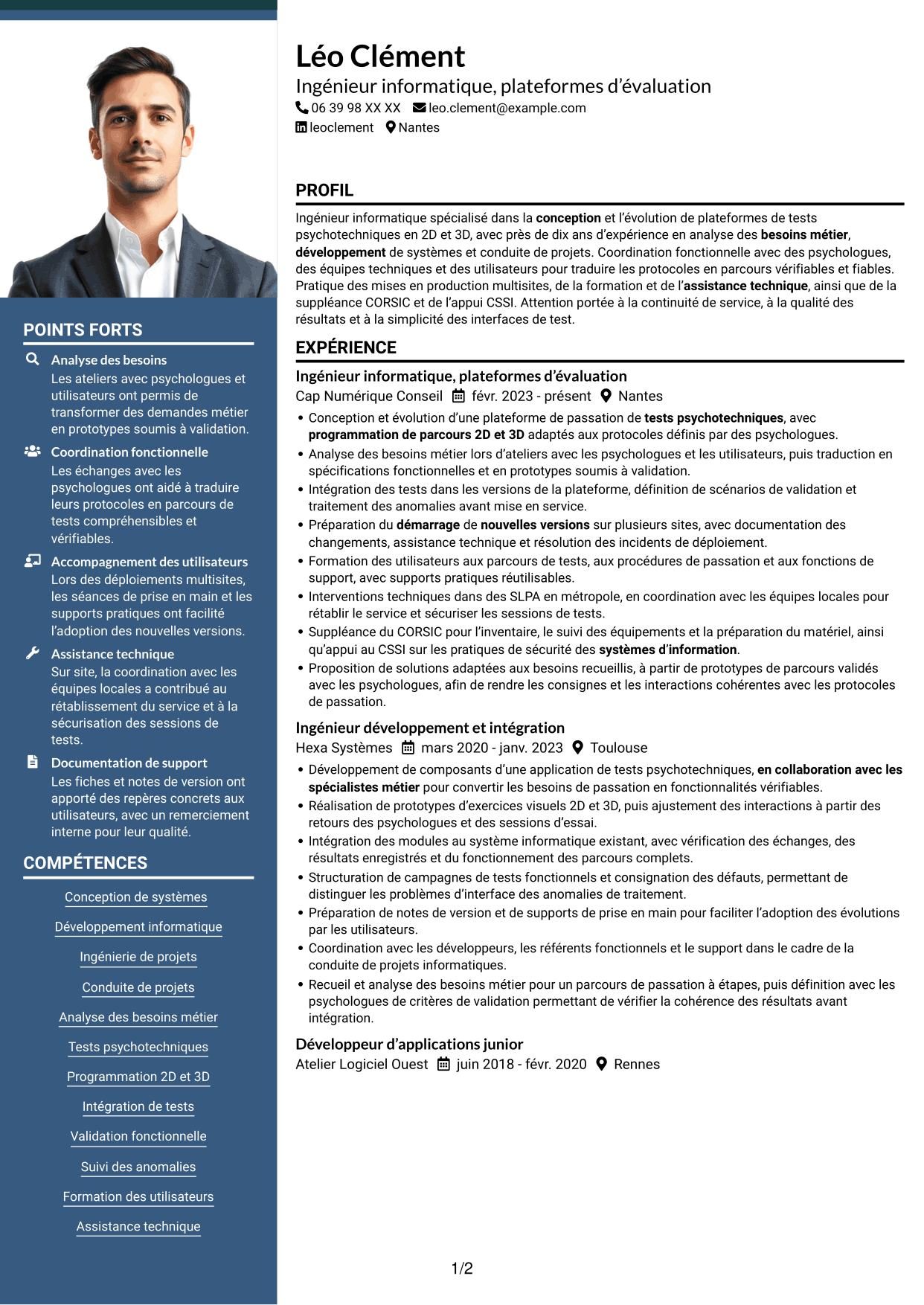 CV Signature (format à colonne latérale colorée avec grande photo) : Chef de section informatique - Plateformes de tests psychotechniques, page 1