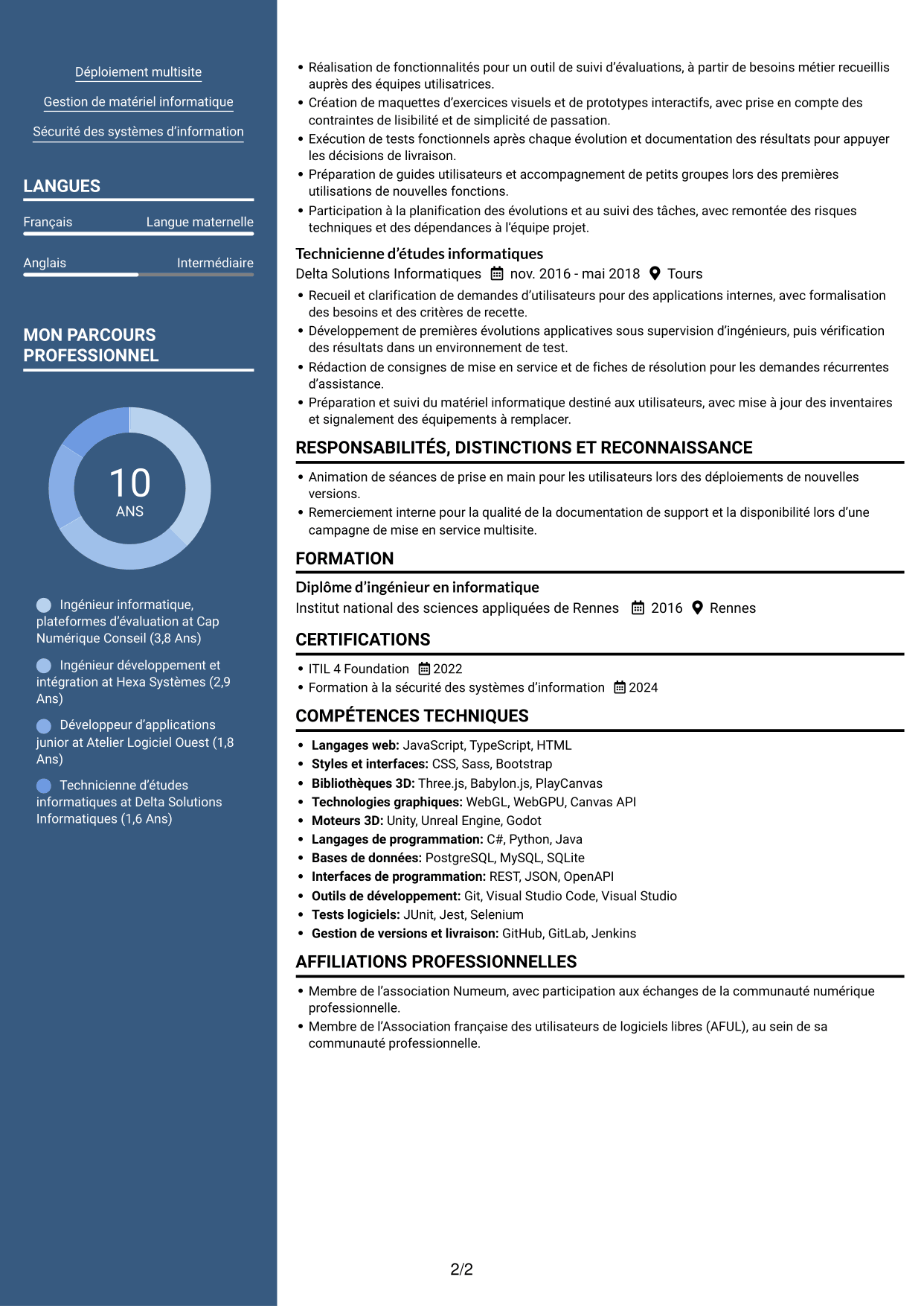 CV Signature (format à colonne latérale colorée avec grande photo) : Chef de section informatique - Plateformes de tests psychotechniques, page 2