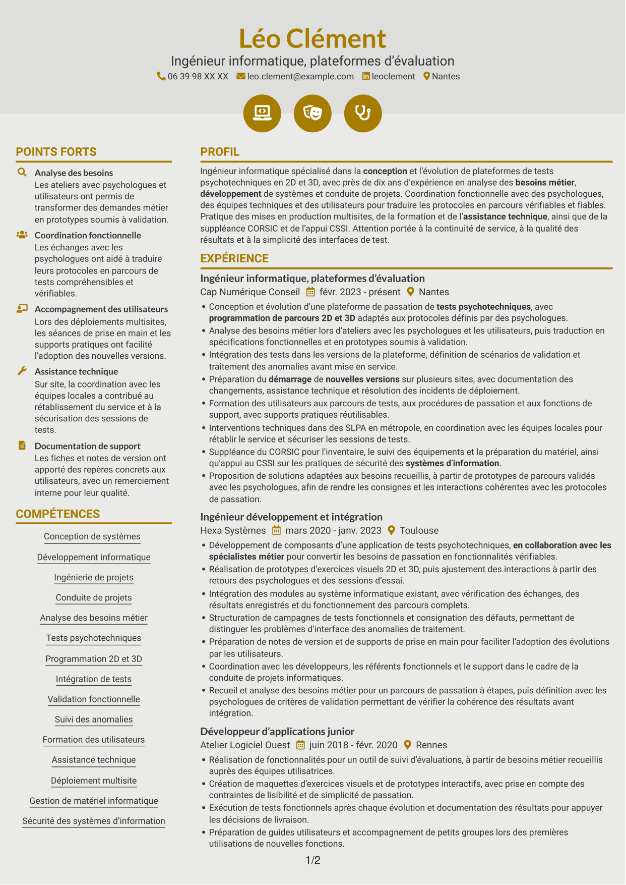 CV Dynamique (format à deux colonnes avec icônes) : Chef de section informatique - Plateformes de tests psychotechniques, page 1
