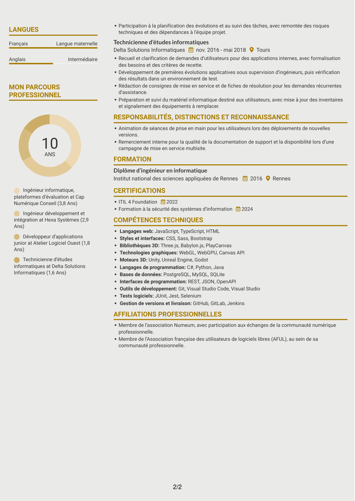CV Dynamique (format à deux colonnes avec icônes) : Chef de section informatique - Plateformes de tests psychotechniques, page 2