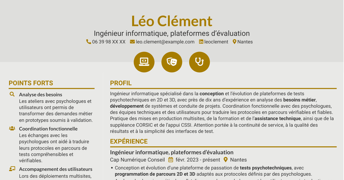 7 modèles de CV pour Chef de section informatique - Plateformes de tests psychotechniques, avec exemples