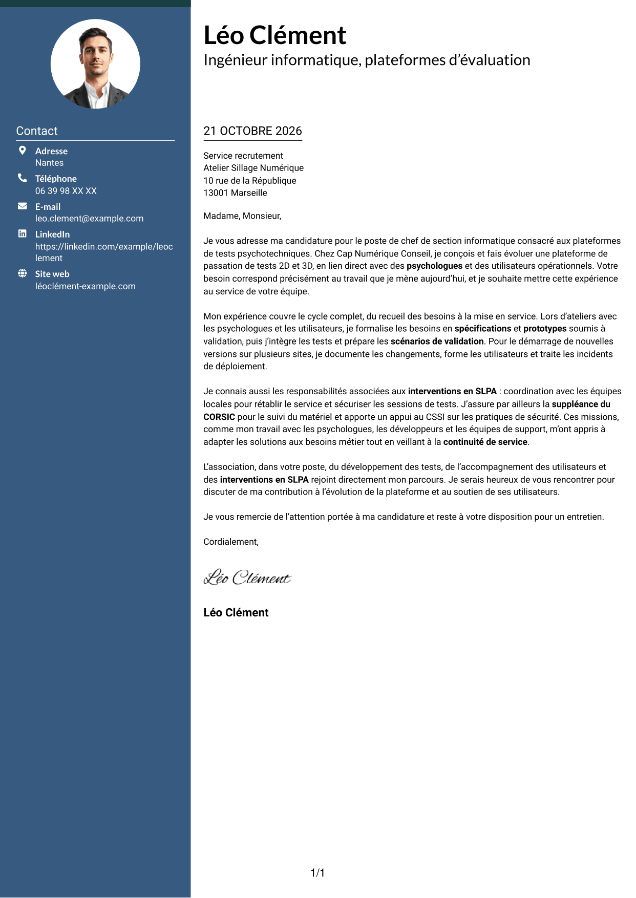 Lettre de motivation Élégant (format à colonne latérale colorée avec photo) : Chef de section informatique - Plateformes de tests psychotechniques, page 1