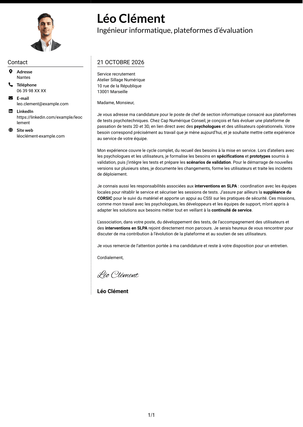 Lettre de motivation Moderne (format à deux colonnes avec photo à gauche et séparateur) : Chef de section informatique - Plateformes de tests psychotechniques, page 1