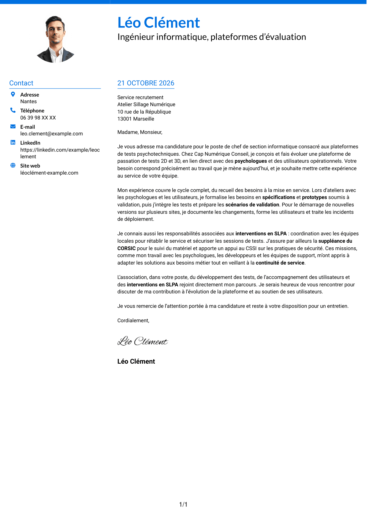Lettre de motivation Audacieux (format à deux colonnes avec accents colorés et photo) : Chef de section informatique - Plateformes de tests psychotechniques, page 1