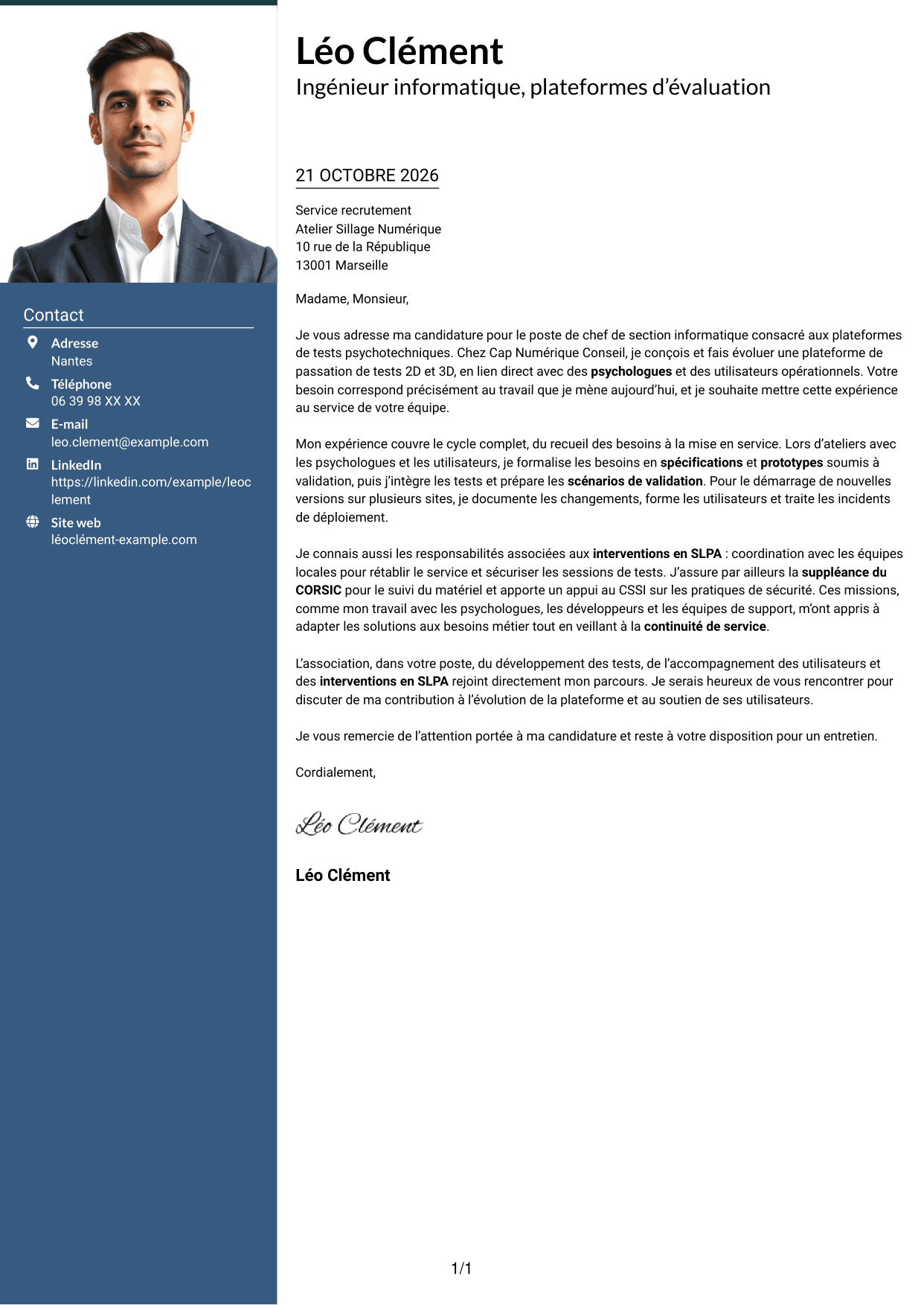 Lettre de motivation Signature (format à colonne latérale colorée avec grande photo) : Chef de section informatique - Plateformes de tests psychotechniques, page 1