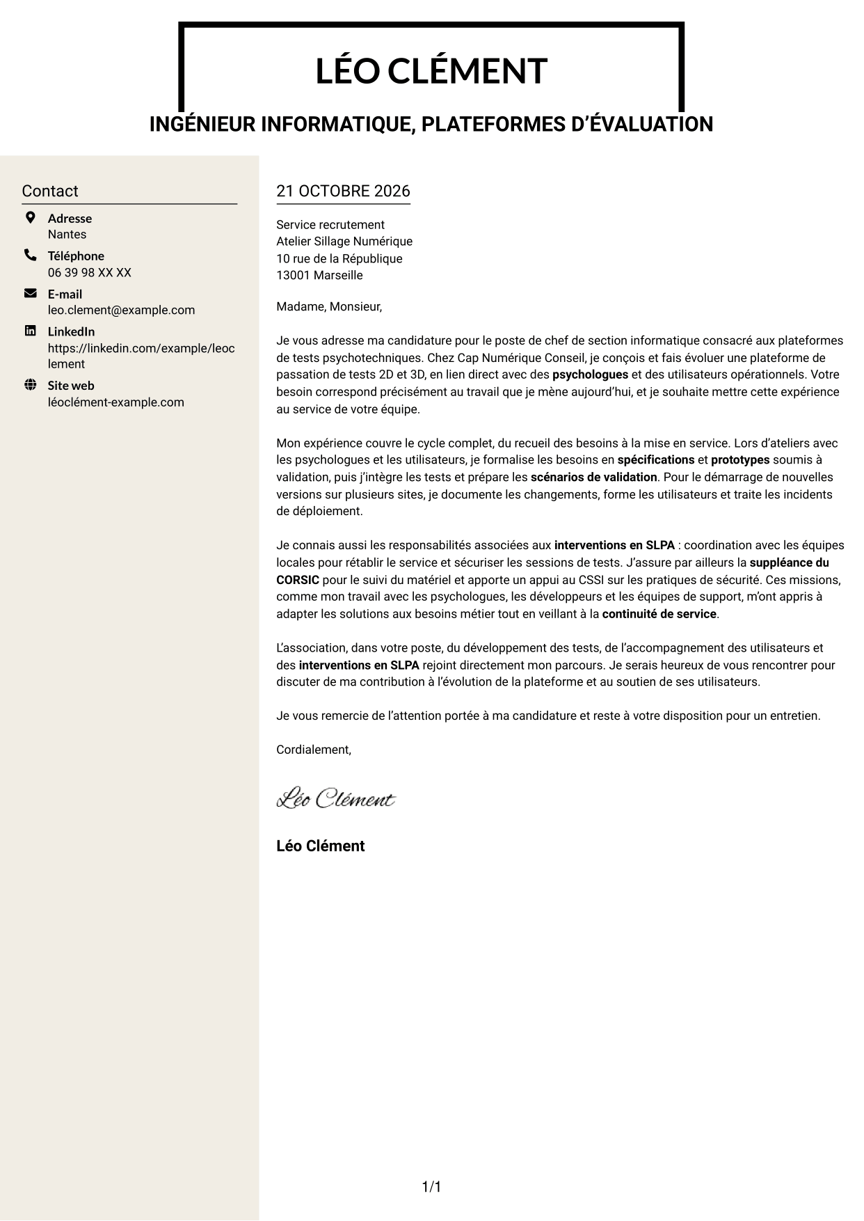 Lettre de motivation Fonceur (format à deux colonnes avec en-tête centré sans photo) : Chef de section informatique - Plateformes de tests psychotechniques, page 1