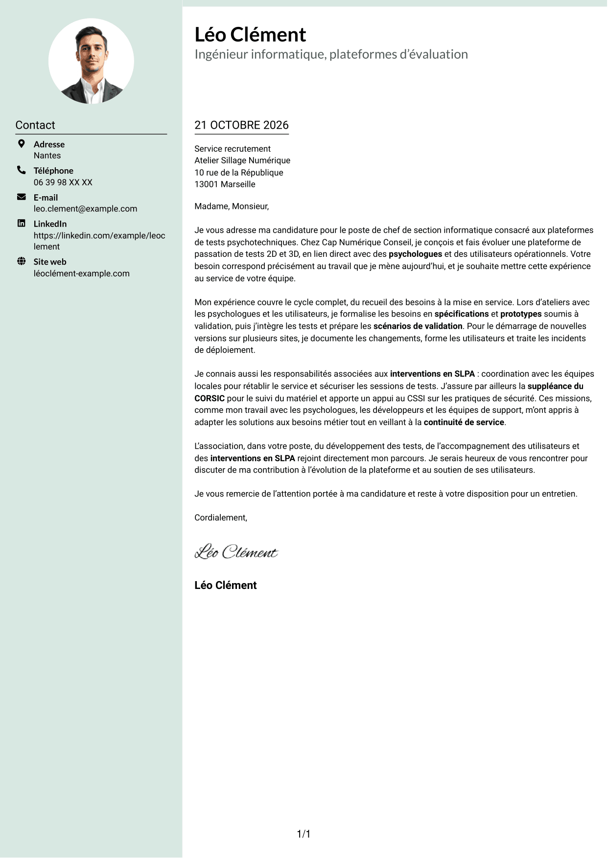 Lettre de motivation Cadre (format à colonne latérale douce avec photo arrondie) : Chef de section informatique - Plateformes de tests psychotechniques, page 1
