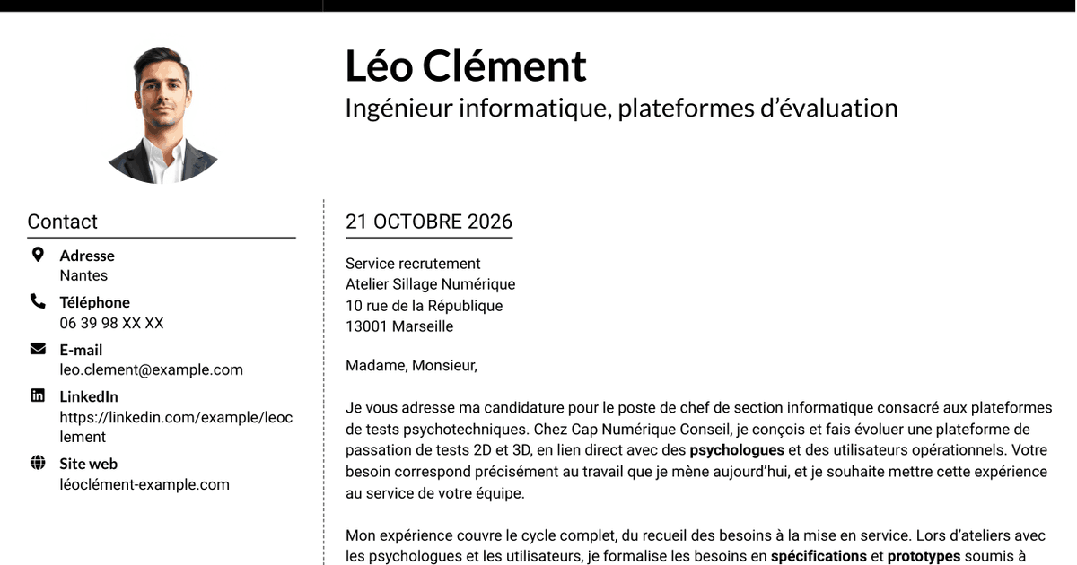 7 modèles de lettre de motivation pour Chef de section informatique - Plateformes de tests psychotechniques, avec exemples