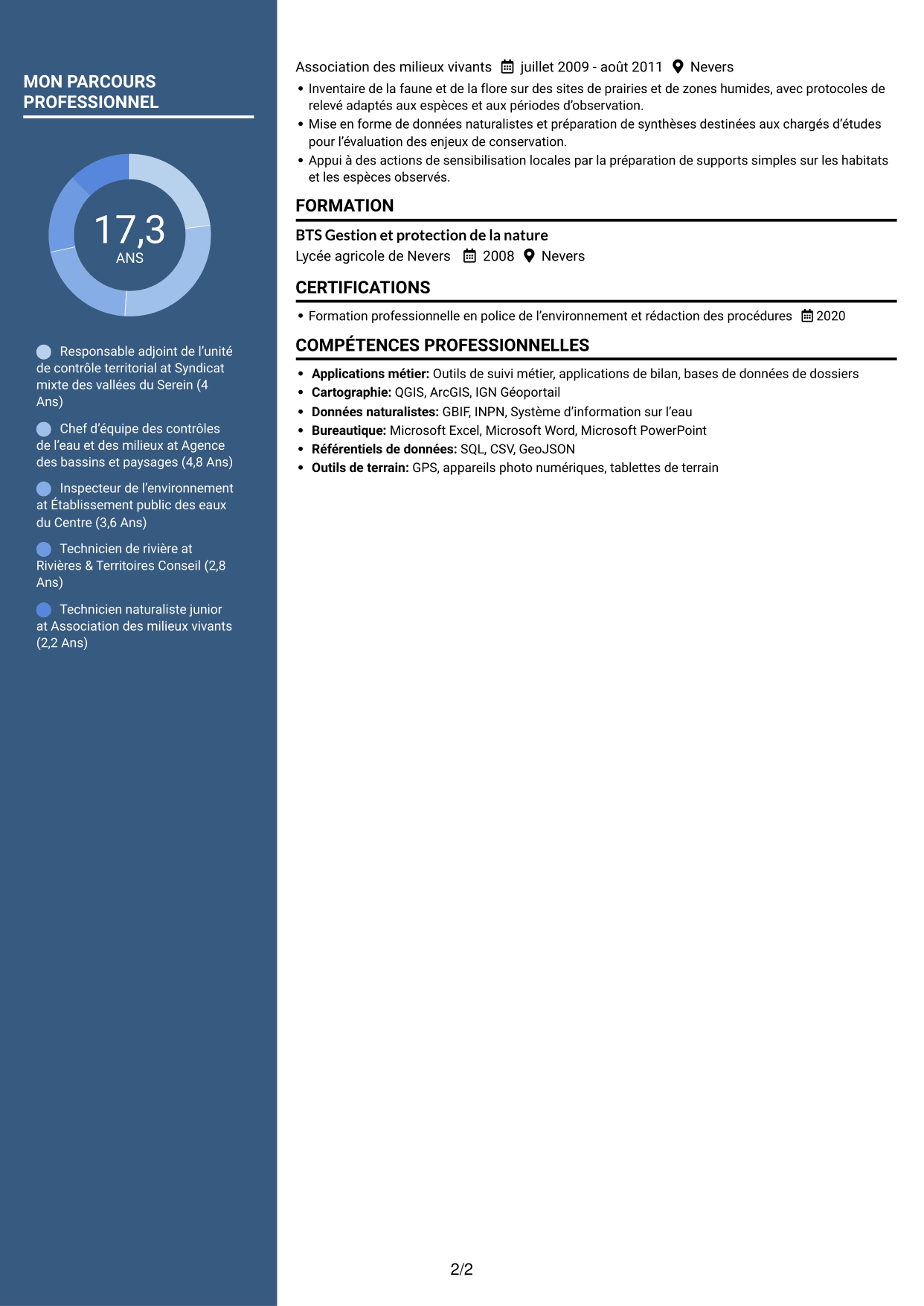 CV Élégant (format à colonne latérale colorée avec photo) : Chef de service départemental adjoint - Police de l’environnement, page 2