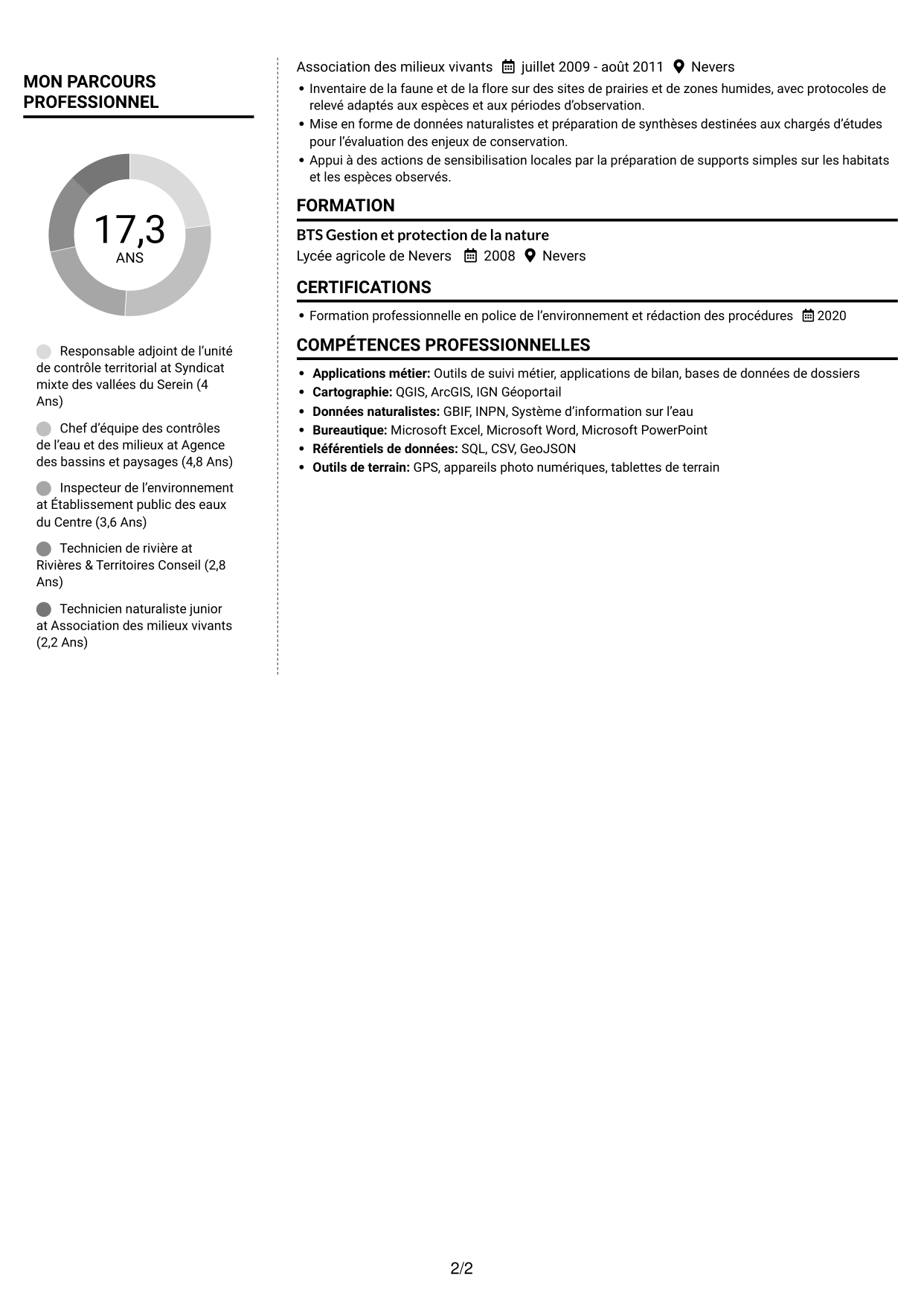 CV Moderne (format à deux colonnes avec photo à gauche et séparateur) : Chef de service départemental adjoint - Police de l’environnement, page 2
