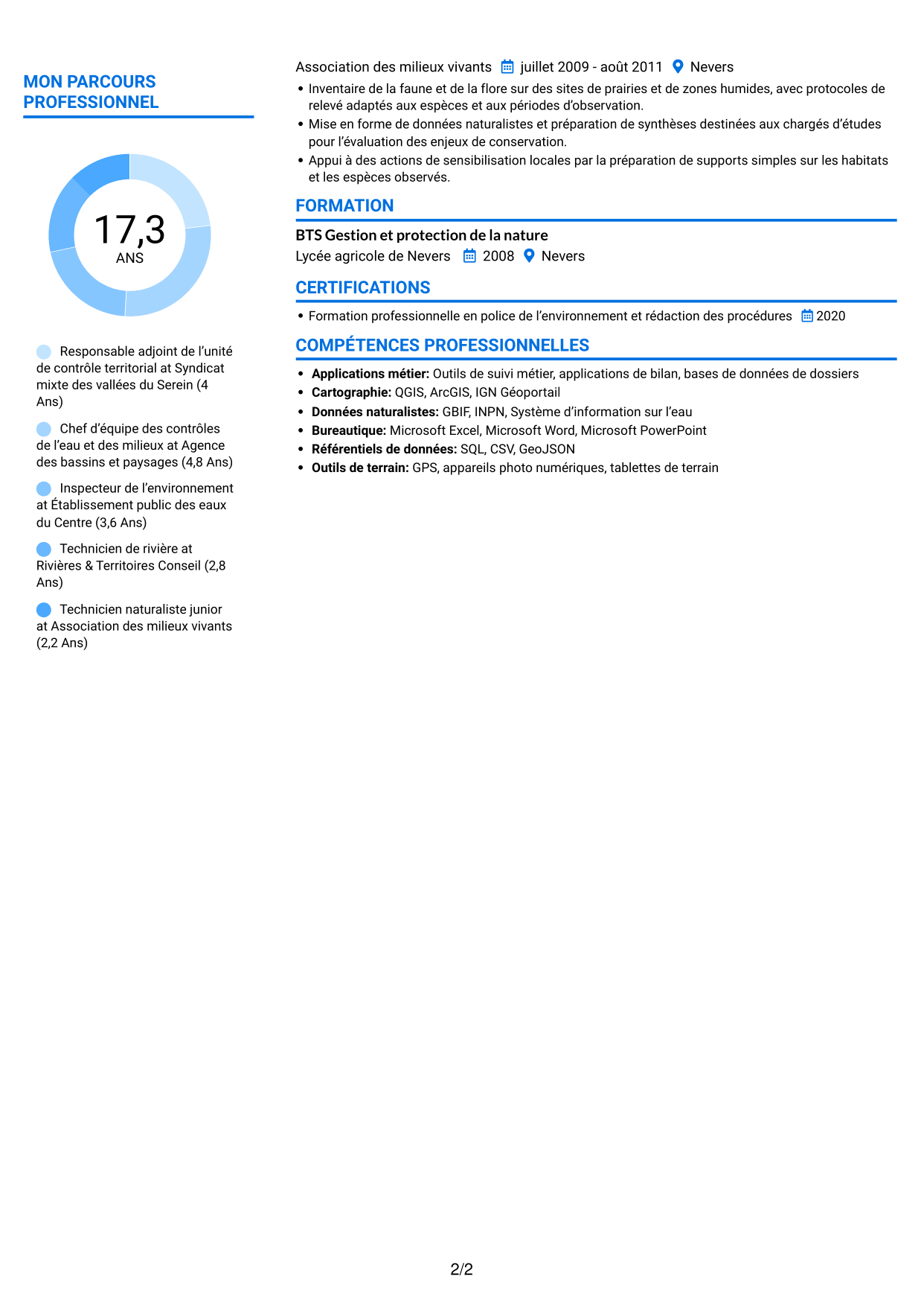 CV Audacieux (format à deux colonnes avec accents colorés et photo) : Chef de service départemental adjoint - Police de l’environnement, page 2